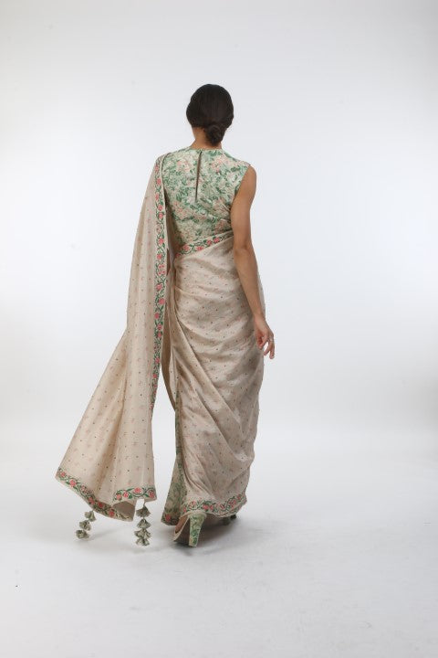 Bloom beige grey bibi jaal, taj & mumtaz bel printed  & embellished chanderi saree with printed & organza embroidered  cotton blouse.