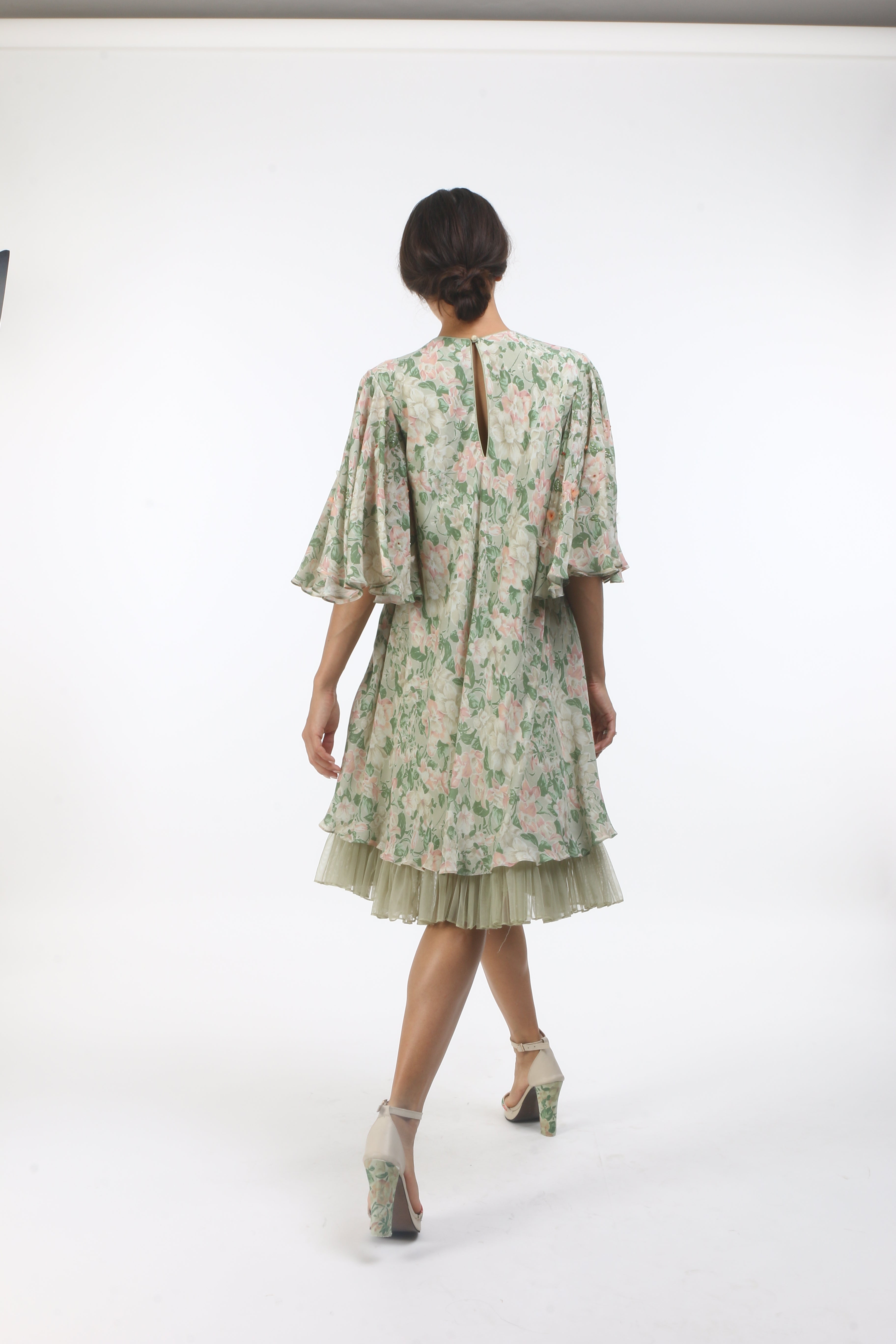 Bloom antique jade bibi jaal printed butterfly dress in crepe with tulle gathers.