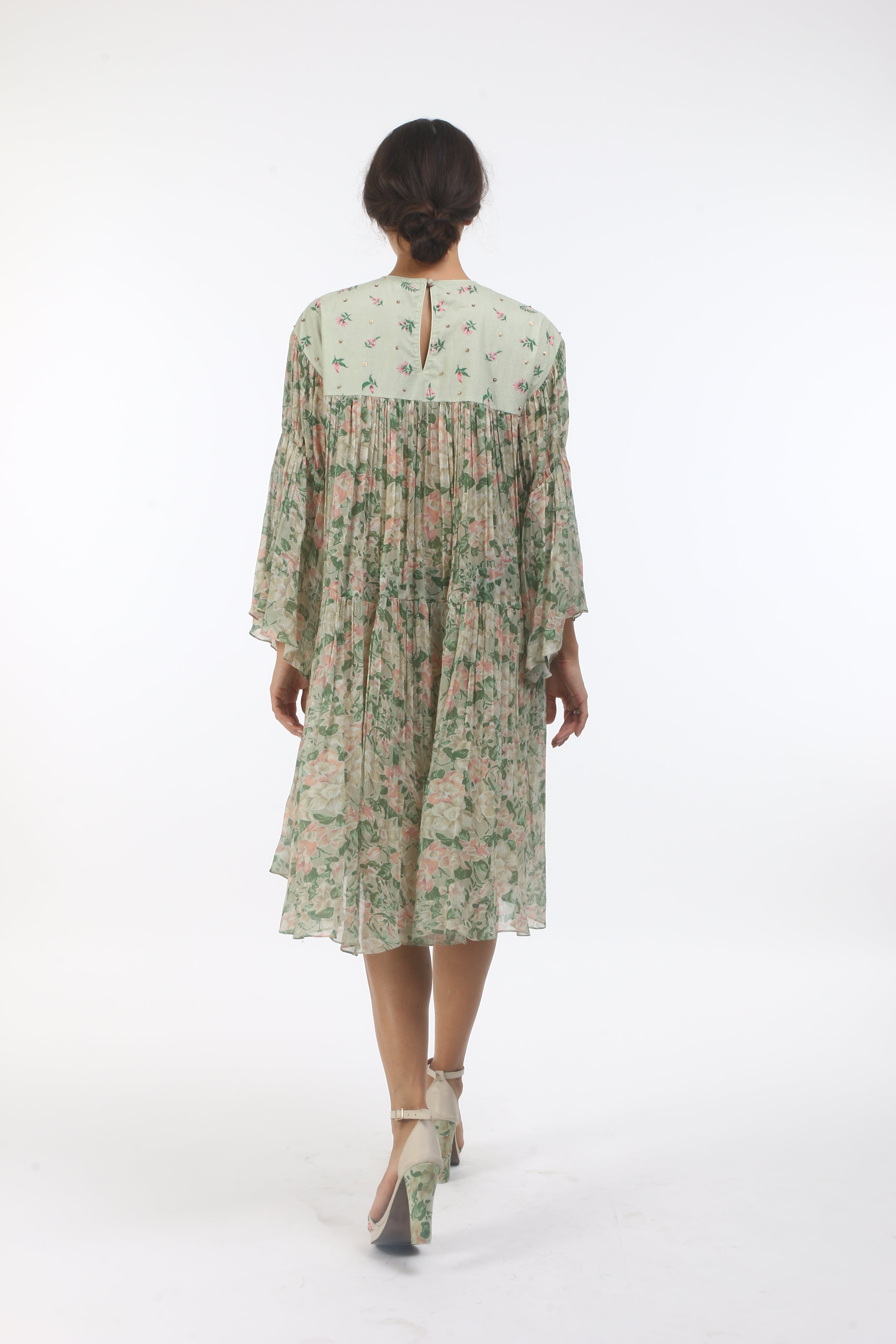 Bloom antique jade tiered georgette dress in bibi jaal and bouquet print.