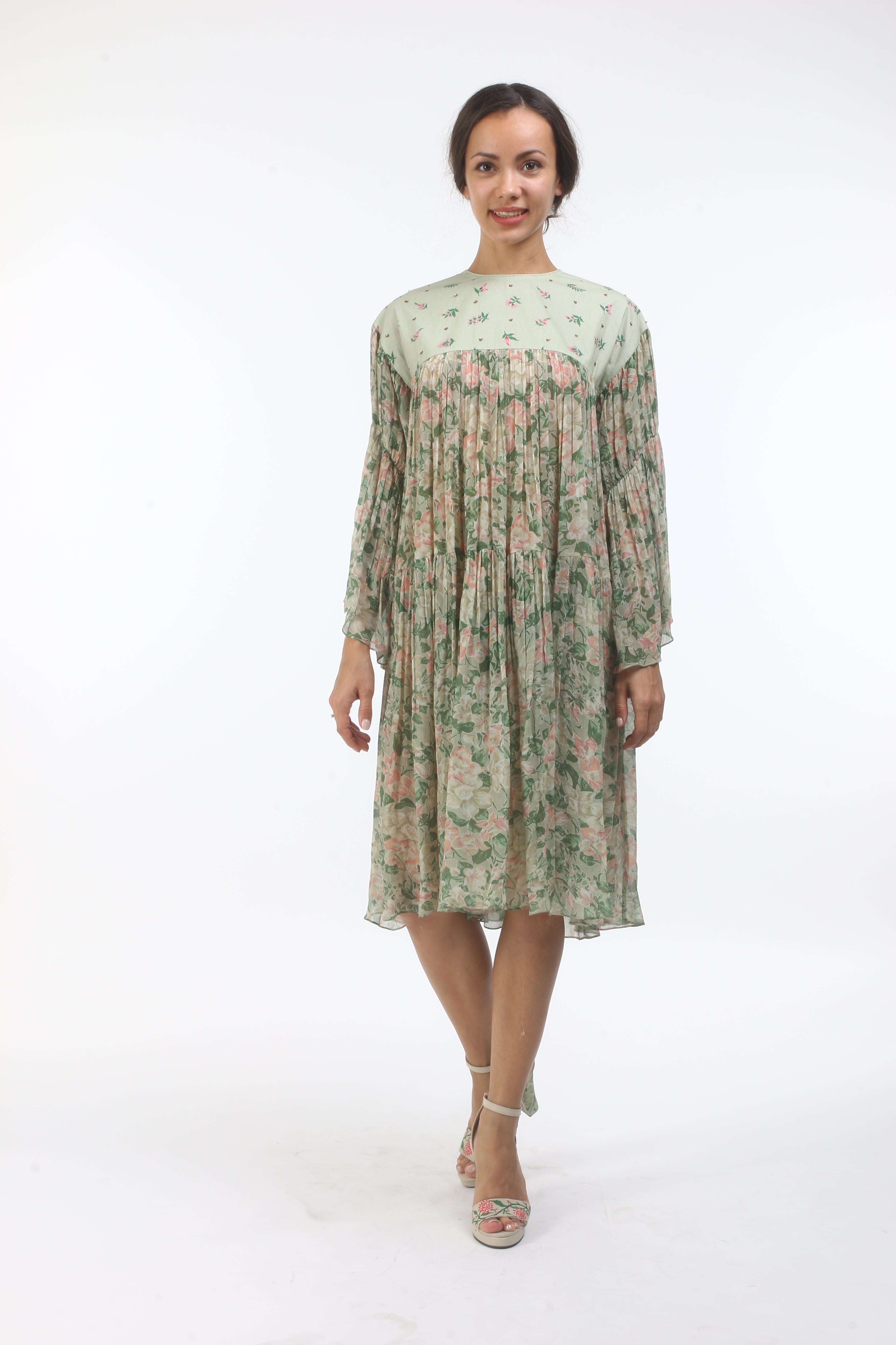 Bloom antique jade tiered georgette dress in bibi jaal and bouquet print.