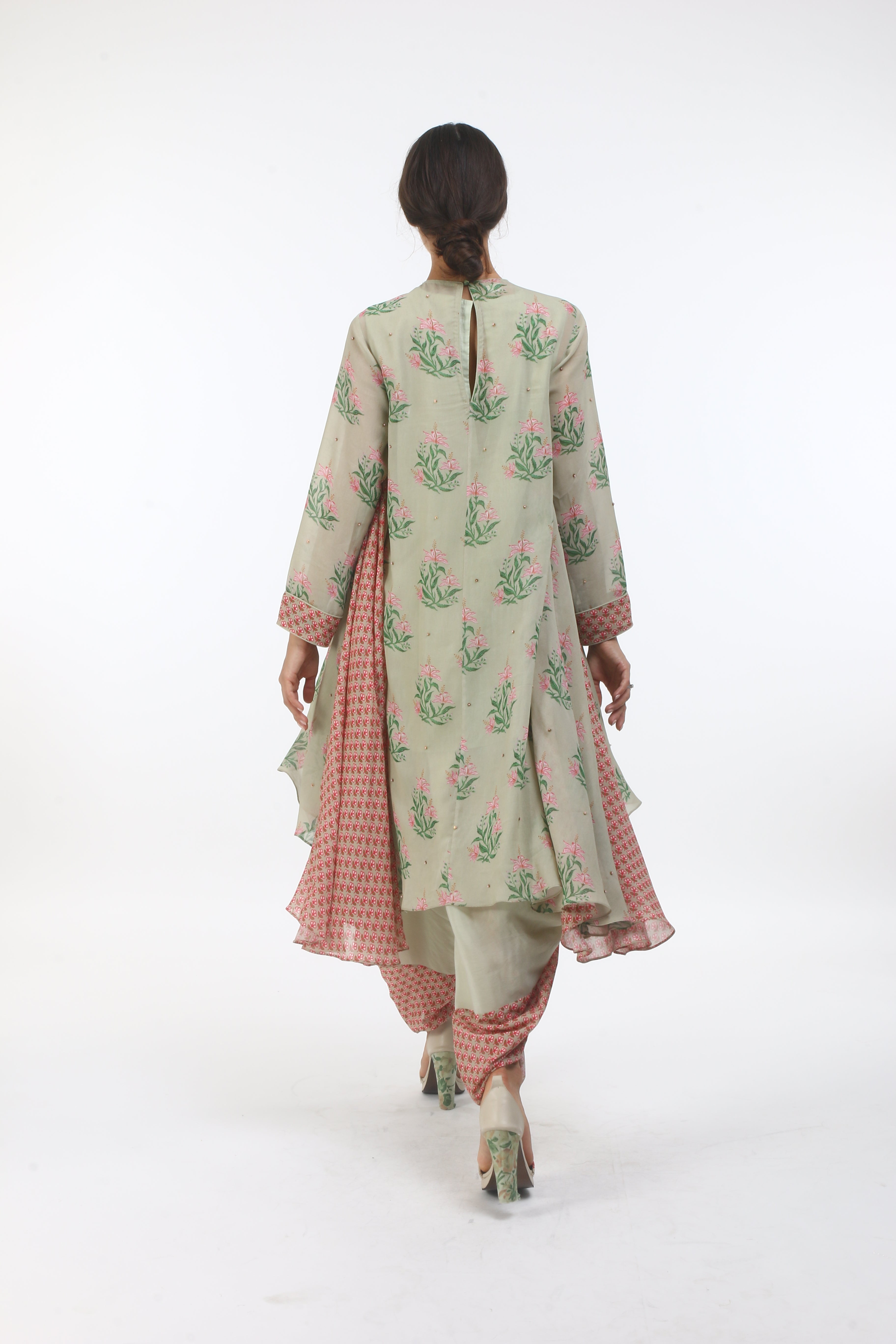 printed asymmetrical georgette tunic with new sanga side godet’s and sanga printed front panel dhoti.