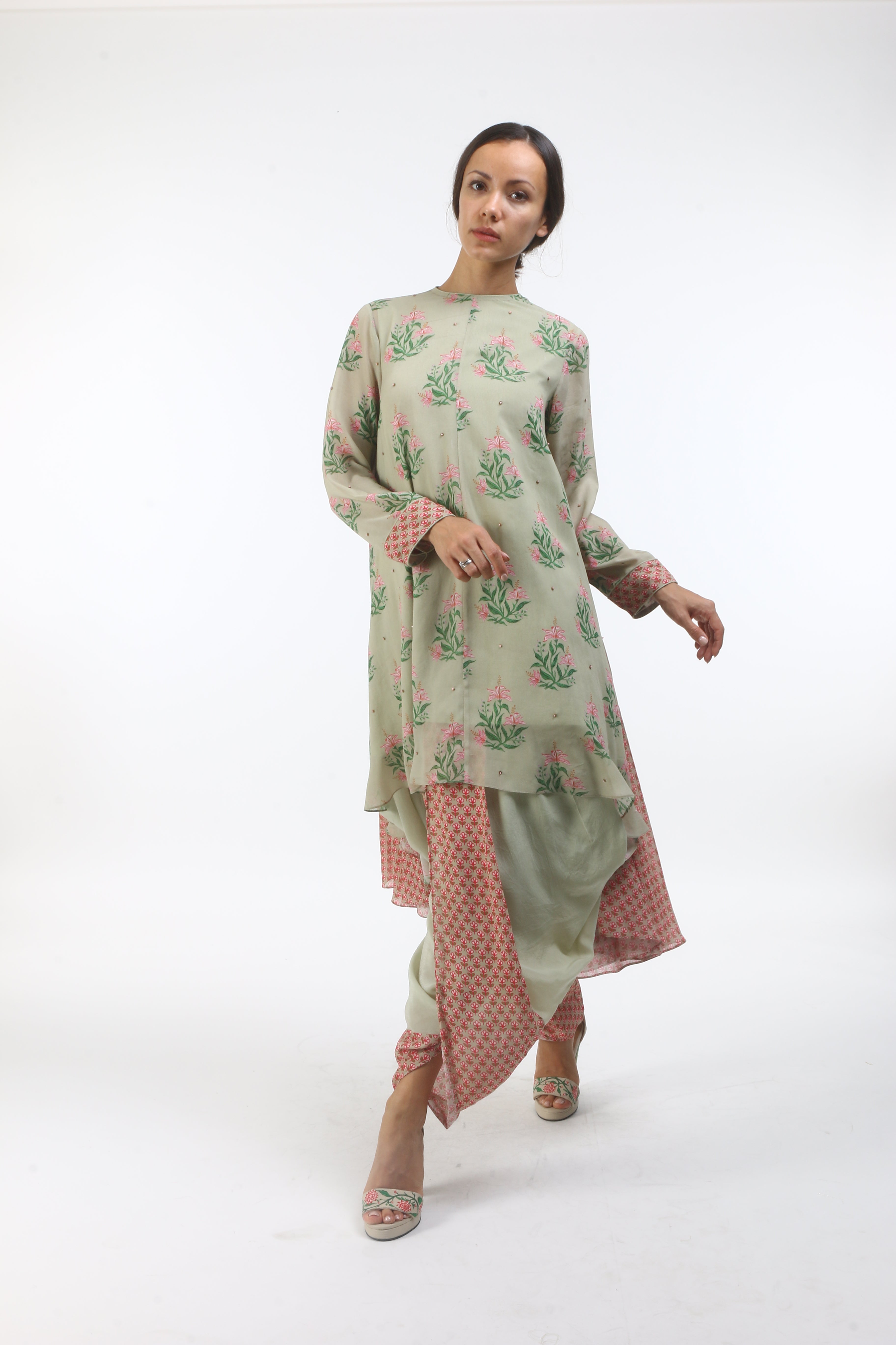 printed asymmetrical georgette tunic with new sanga side godet’s and sanga printed front panel dhoti.