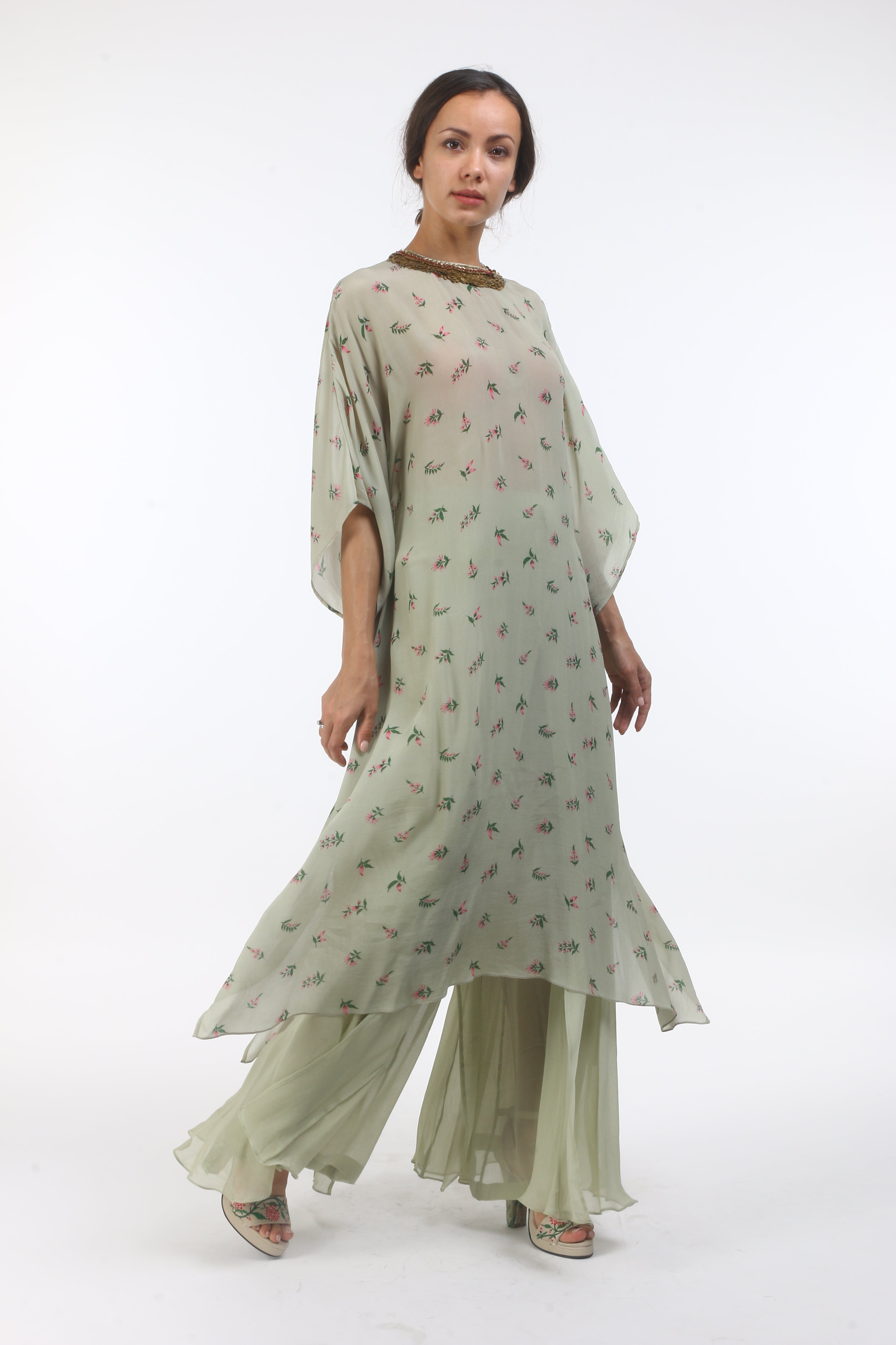 Bloom antique jade bouquet printed crepe kaftan with layered coin embroidered neckline and georgette front open sharara.