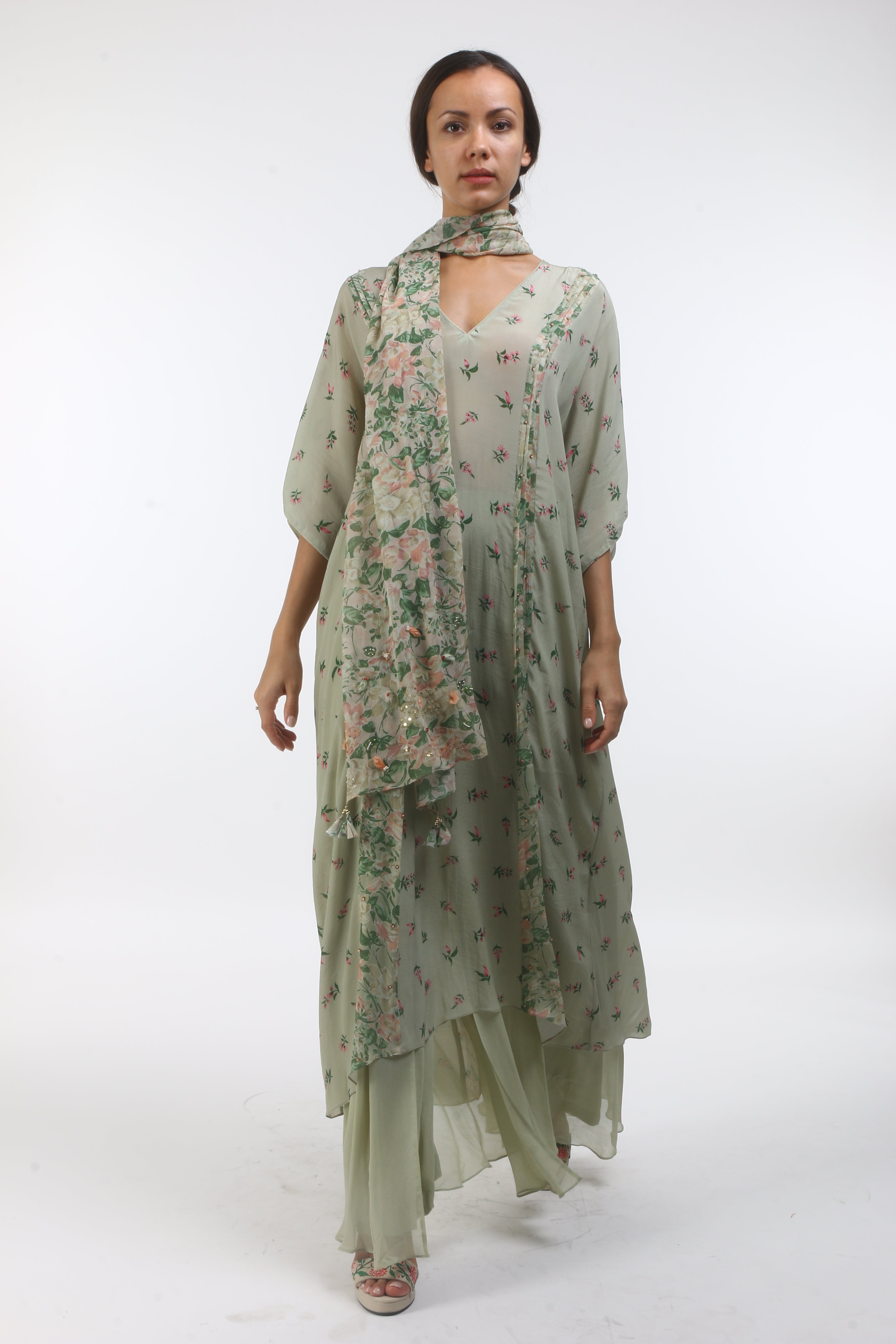 Bloom antique jade bouquet printed crepe kaftan with bibi jaal printed panels & pin tuck details, paired with a front open sharara and scraf.