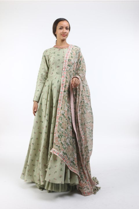 Bloom antique jade bouquet printed and embellished chanderi anarkali in french knot embroidered neckline,  with churidar and printed chiffon dupatta.