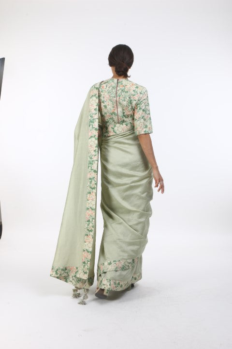 Bloom antique jade chanderi saree in bibi jaal printed border with printed & organza embroidered  cotton blouse.