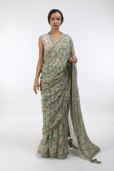 Bloom antique jade bibi jaal & mumtaz bel printed chiffon saree with bouquet & bel printed & embellished crepe blouse.