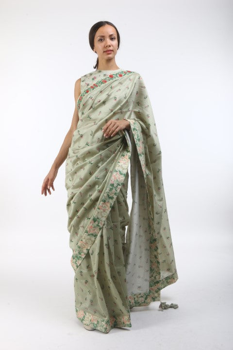 Bloom antique jade bouquet & bibi jaal printed chanderi saree with bouquet embroidered organza blouse.