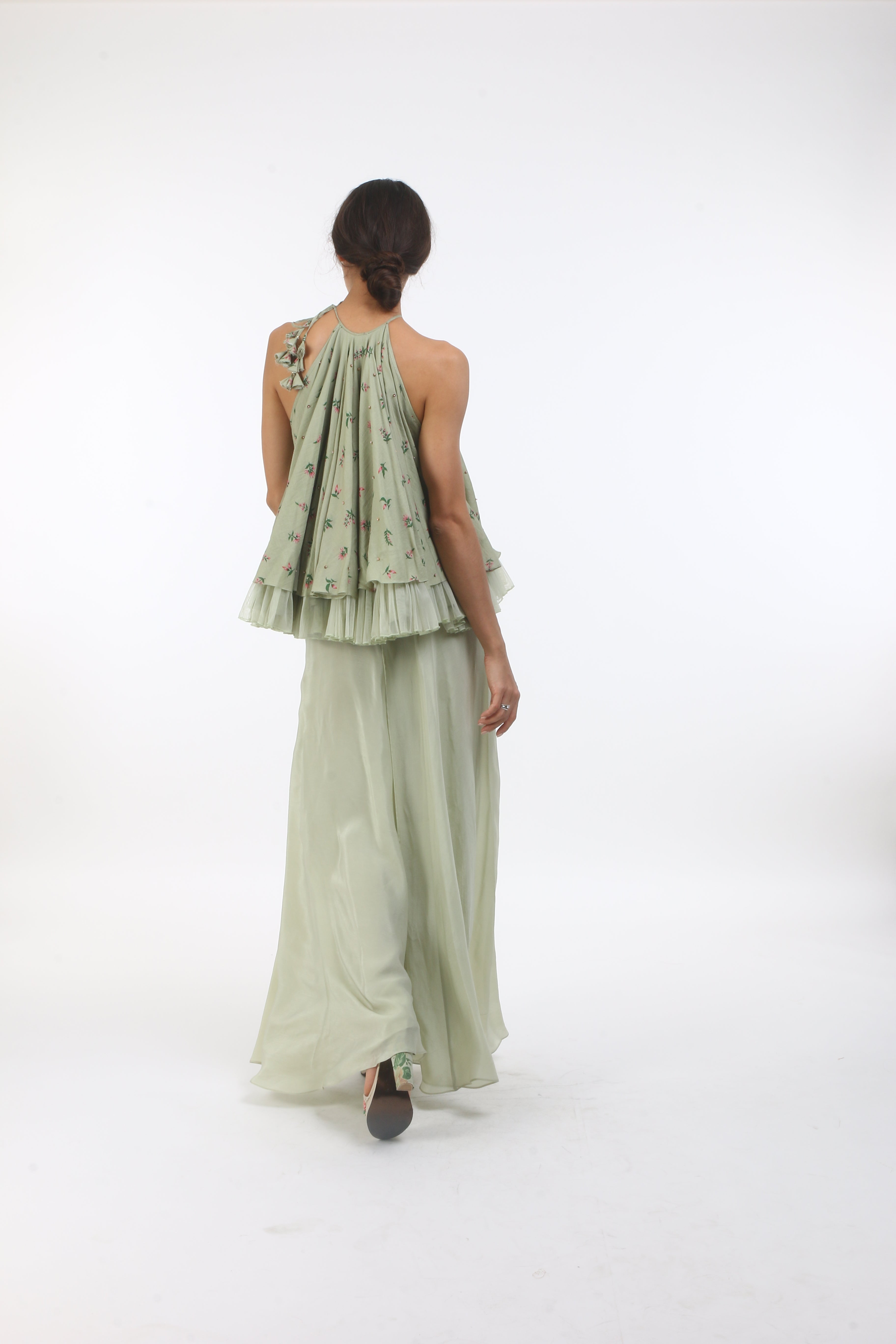 Bloom antique jade embellished & flared halter top with tulle frills.