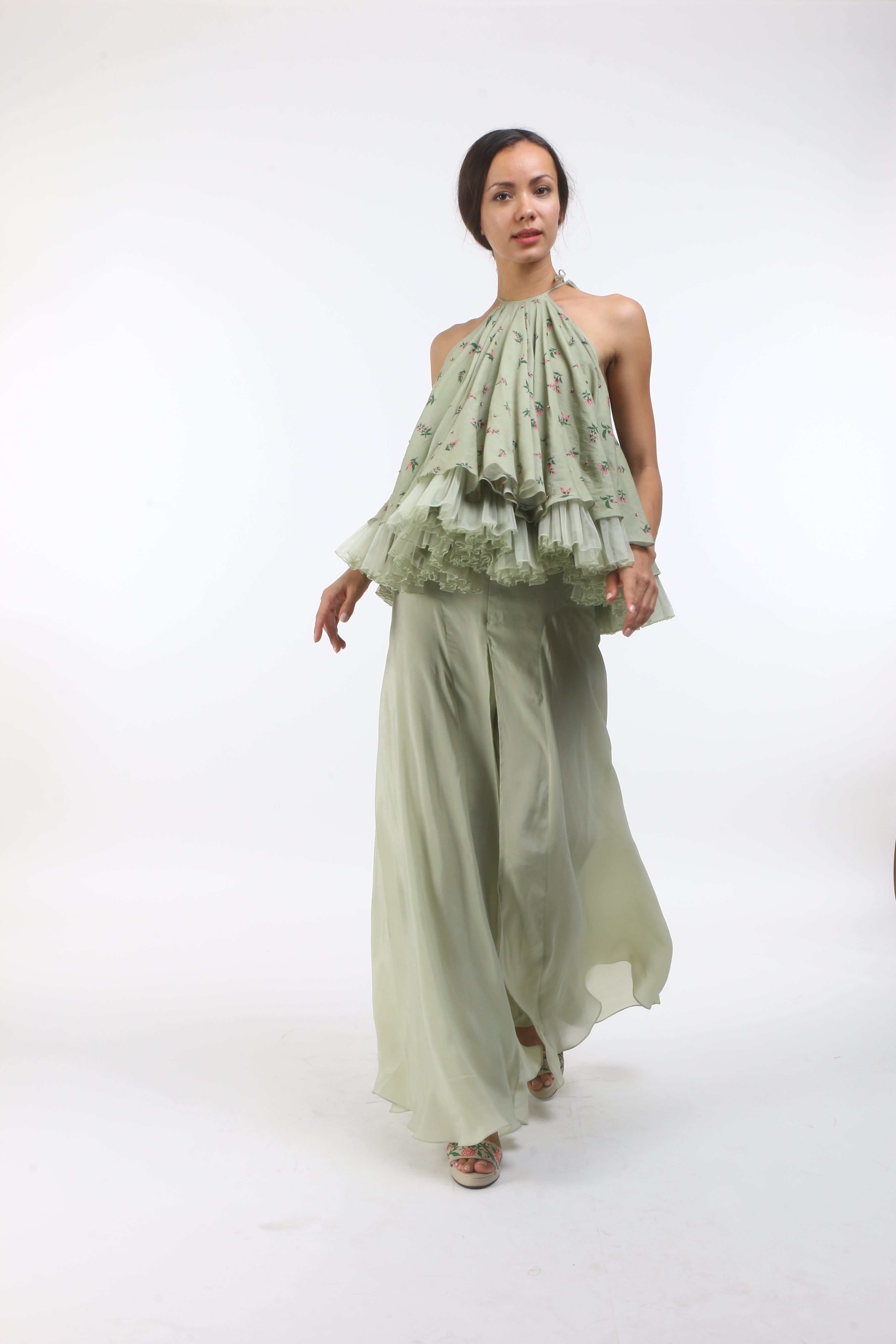 Bloom antique jade embellished & flared halter top with tulle frills.