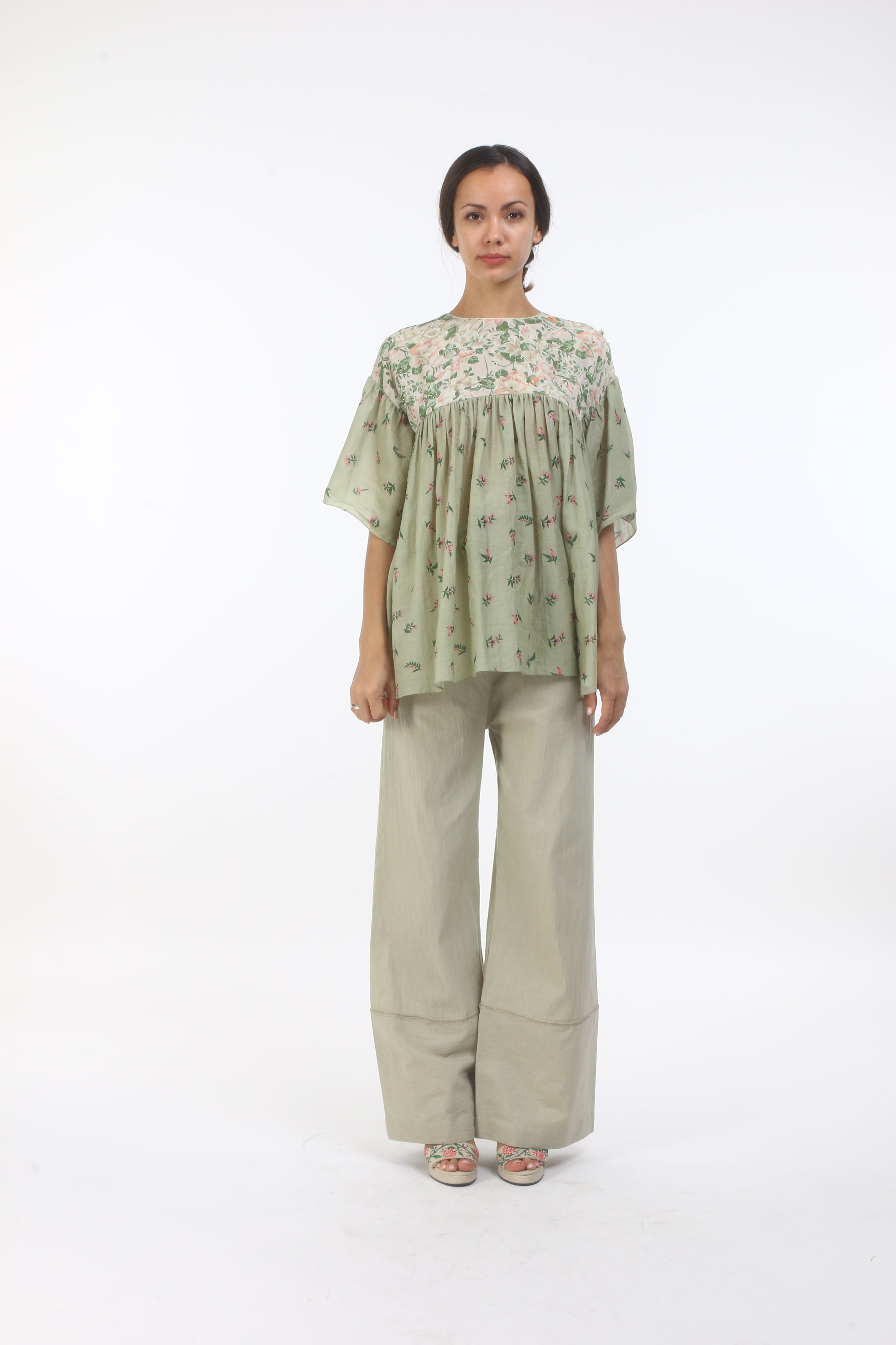 Bloom antique jade gathered cotton top with bouquet and bibi jaal print details.