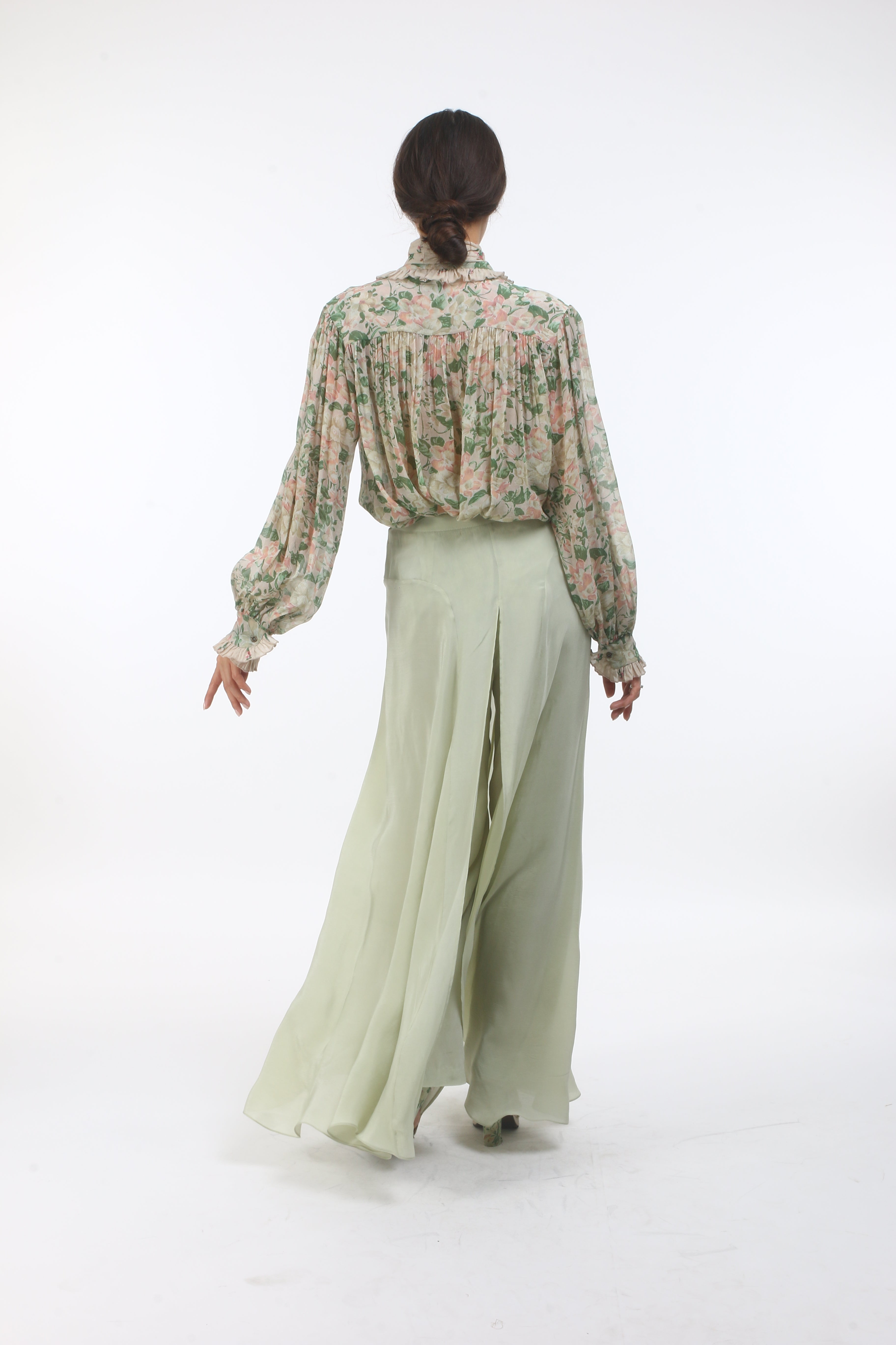 Bloom antique jade bow tie chiffon top in bibi jaal and bouquet print.