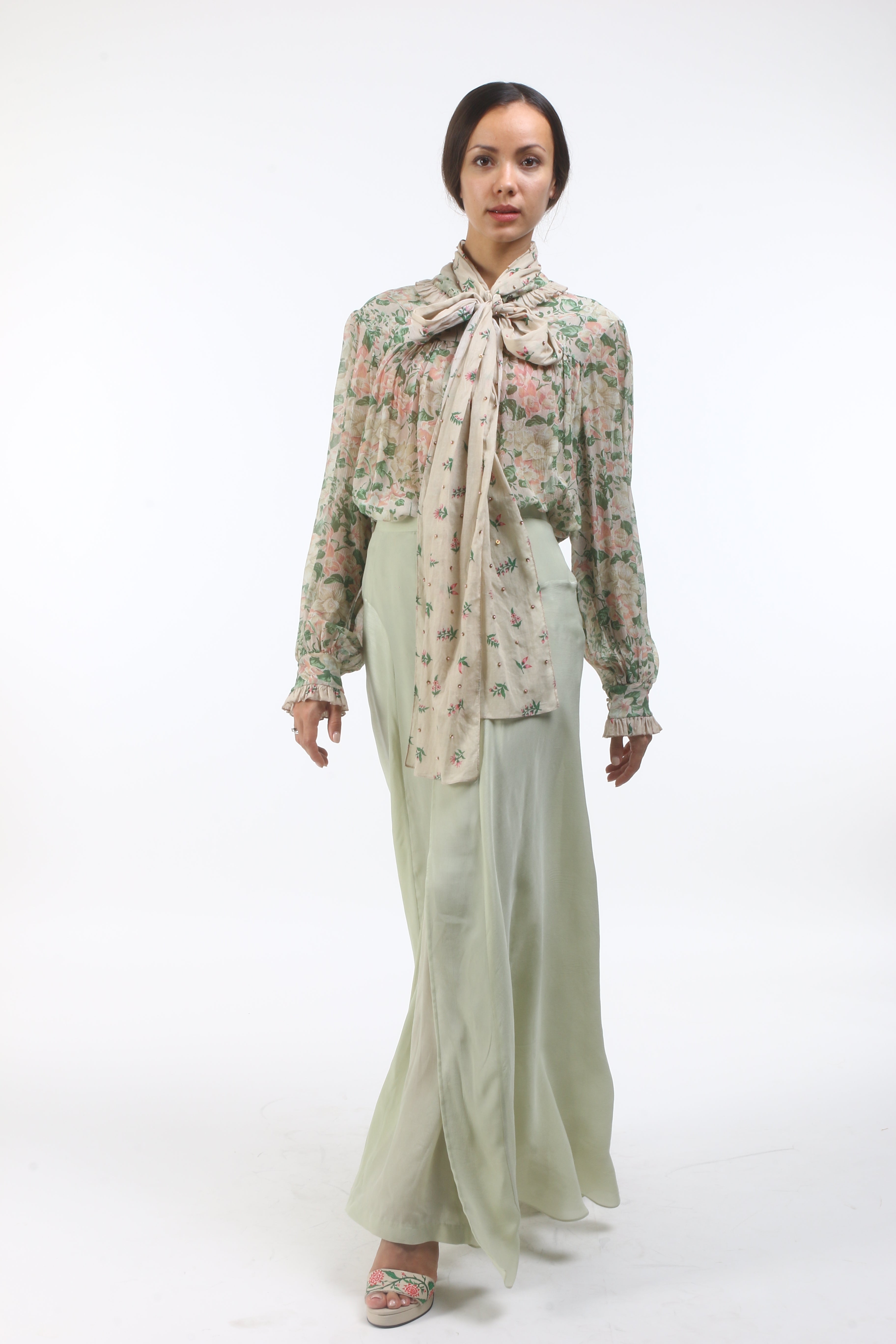 Bloom antique jade bow tie chiffon top in bibi jaal and bouquet print.