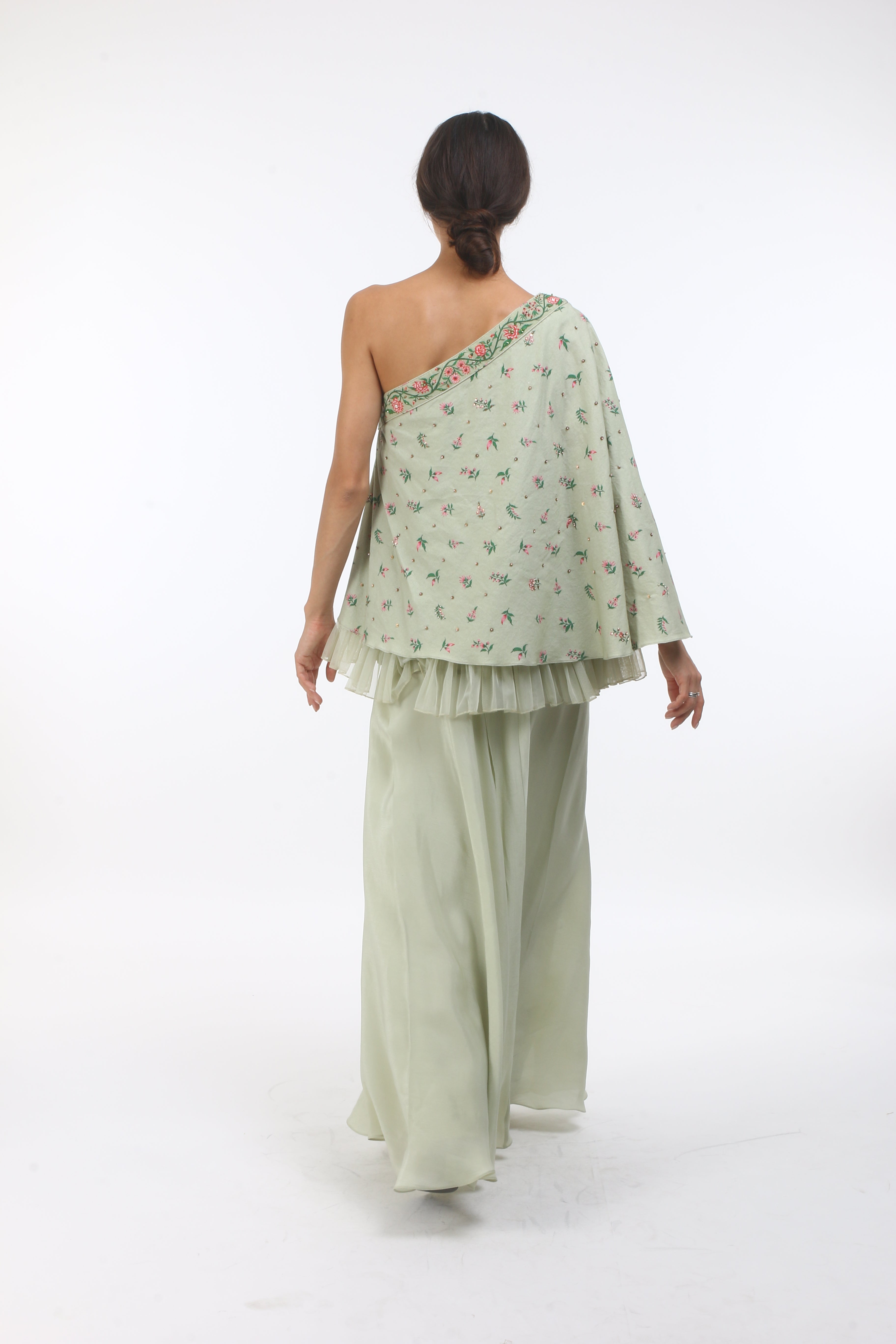 Bloom antique jade one shoulder cotton top with tulle frills and bouquet & mumtaz bel print details.