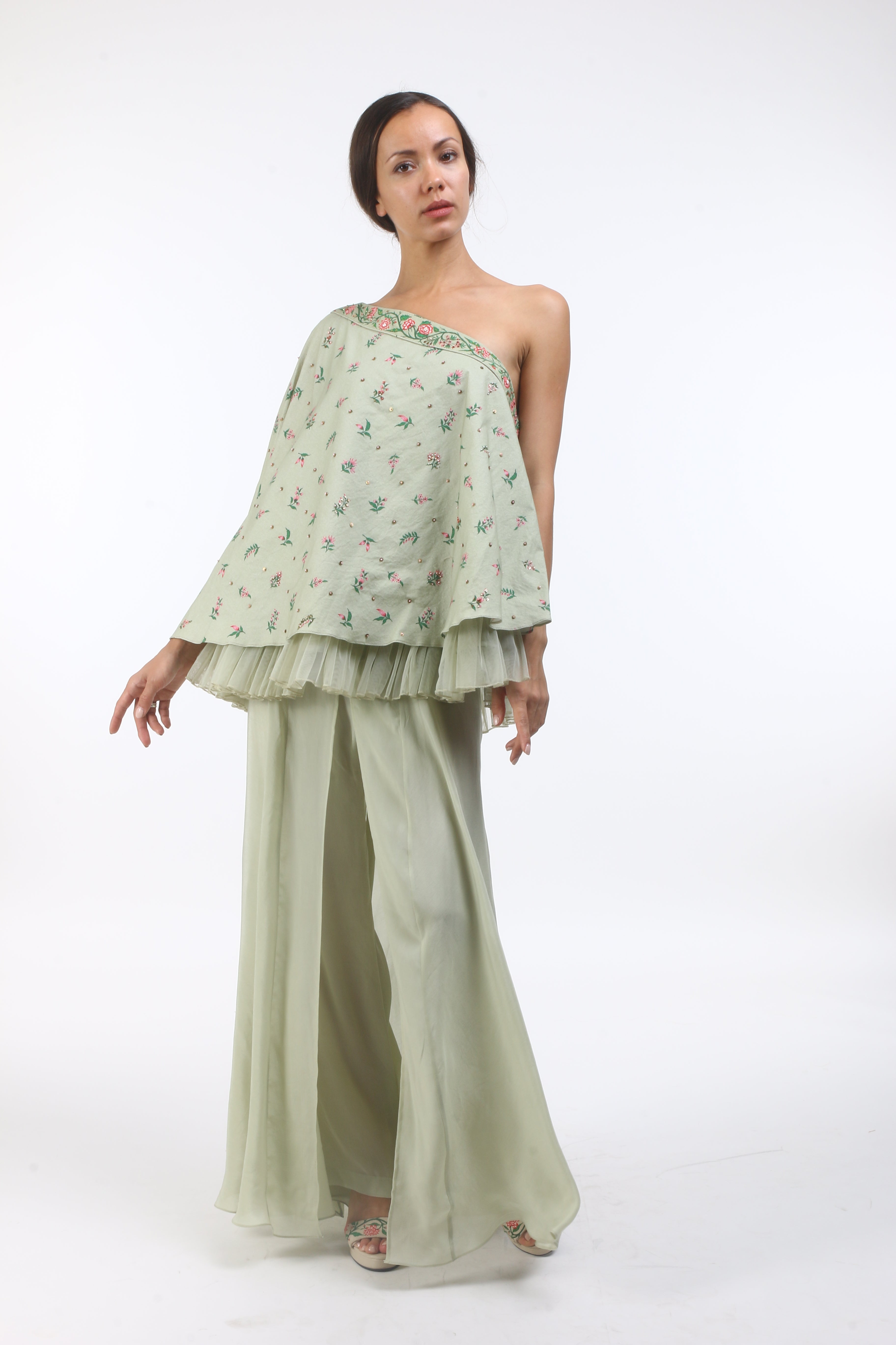 Bloom antique jade one shoulder cotton top with tulle frills and bouquet & mumtaz bel print details.