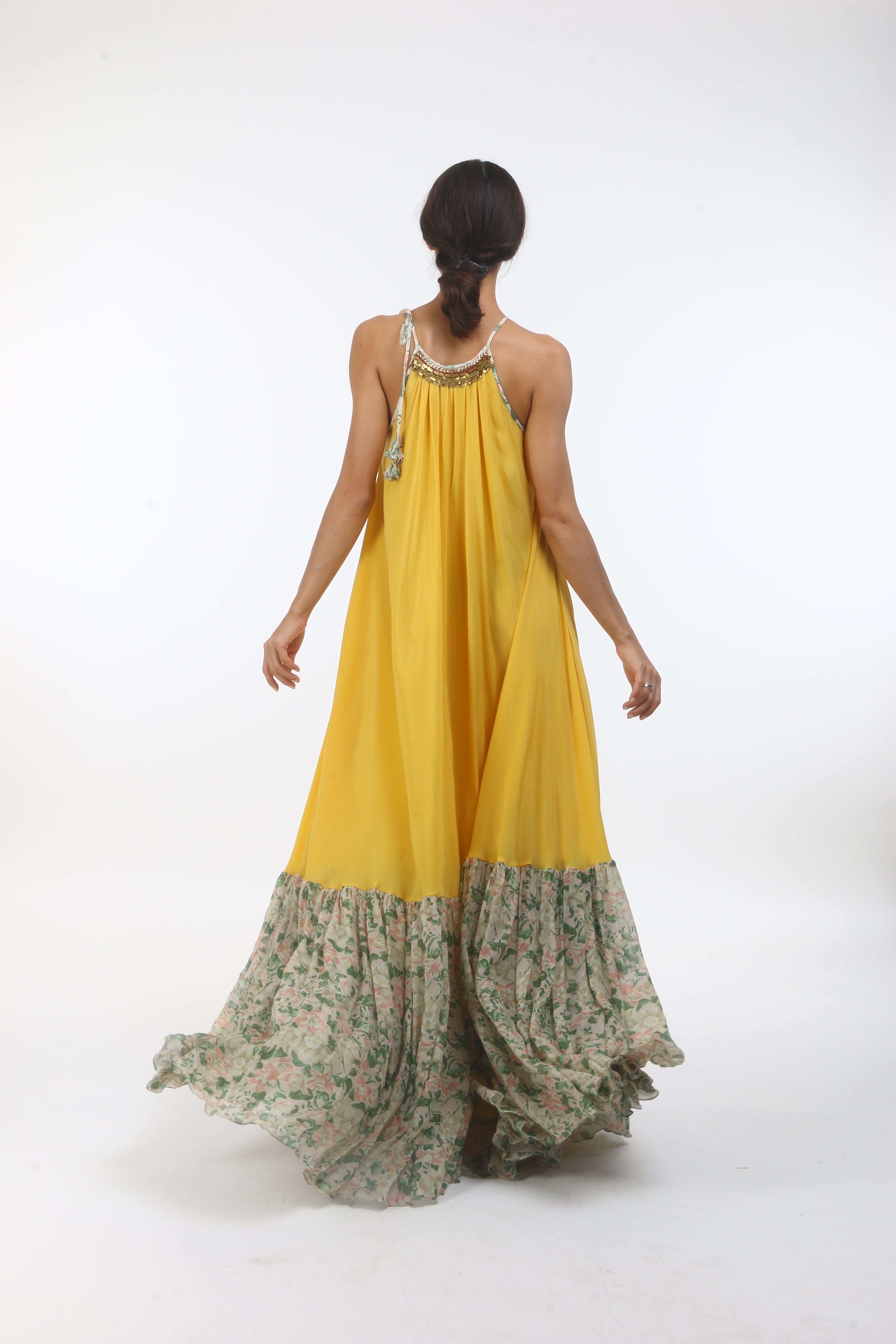 Bloom pitambari yellow halter dress in crepe, with bibi jaal printed chiffon gathers and layered coin embroidered neckline.