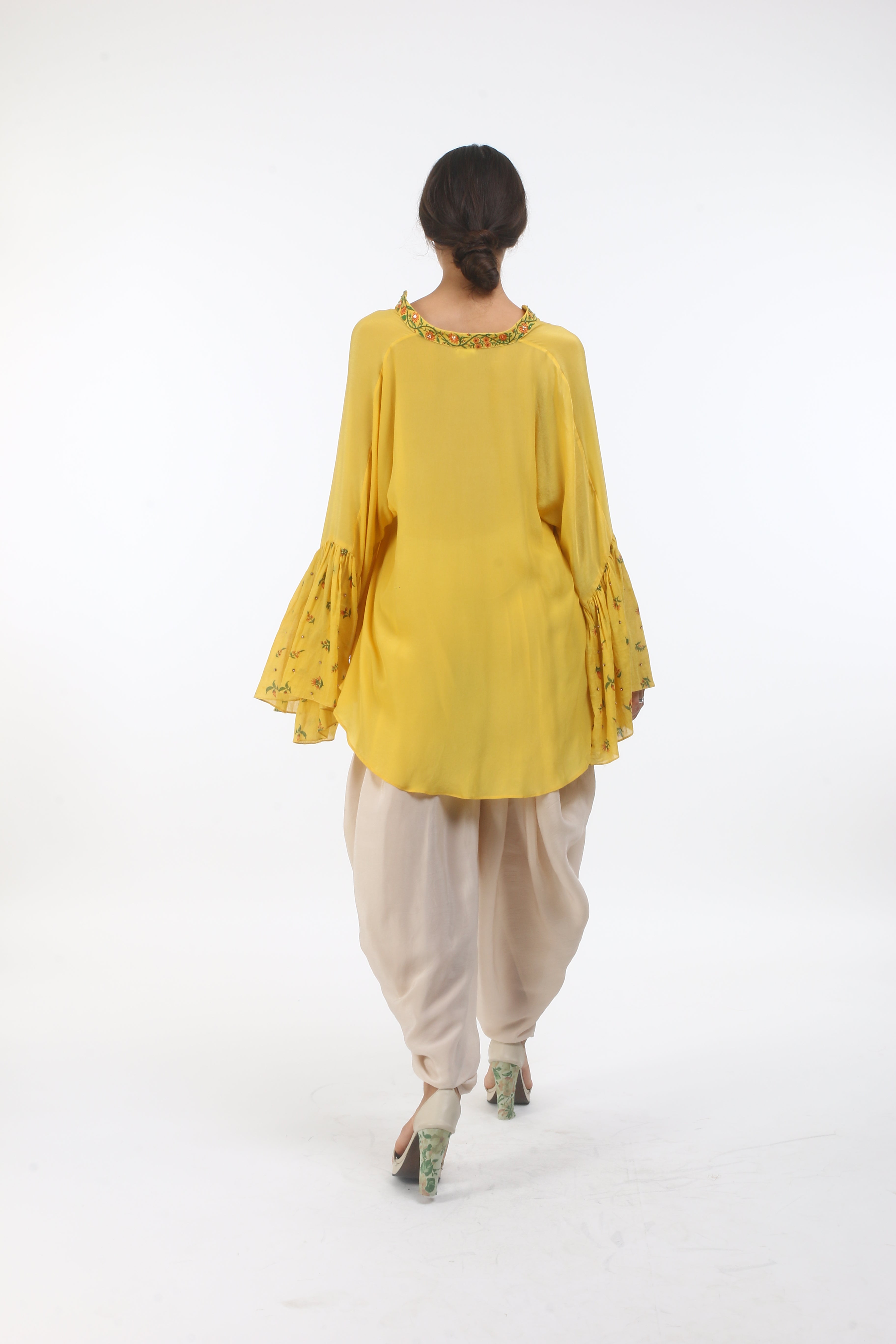 Bloom pitambari yellow gathered bell sleeve top  in crepe, with bouquet and Mumtaz bel print details.