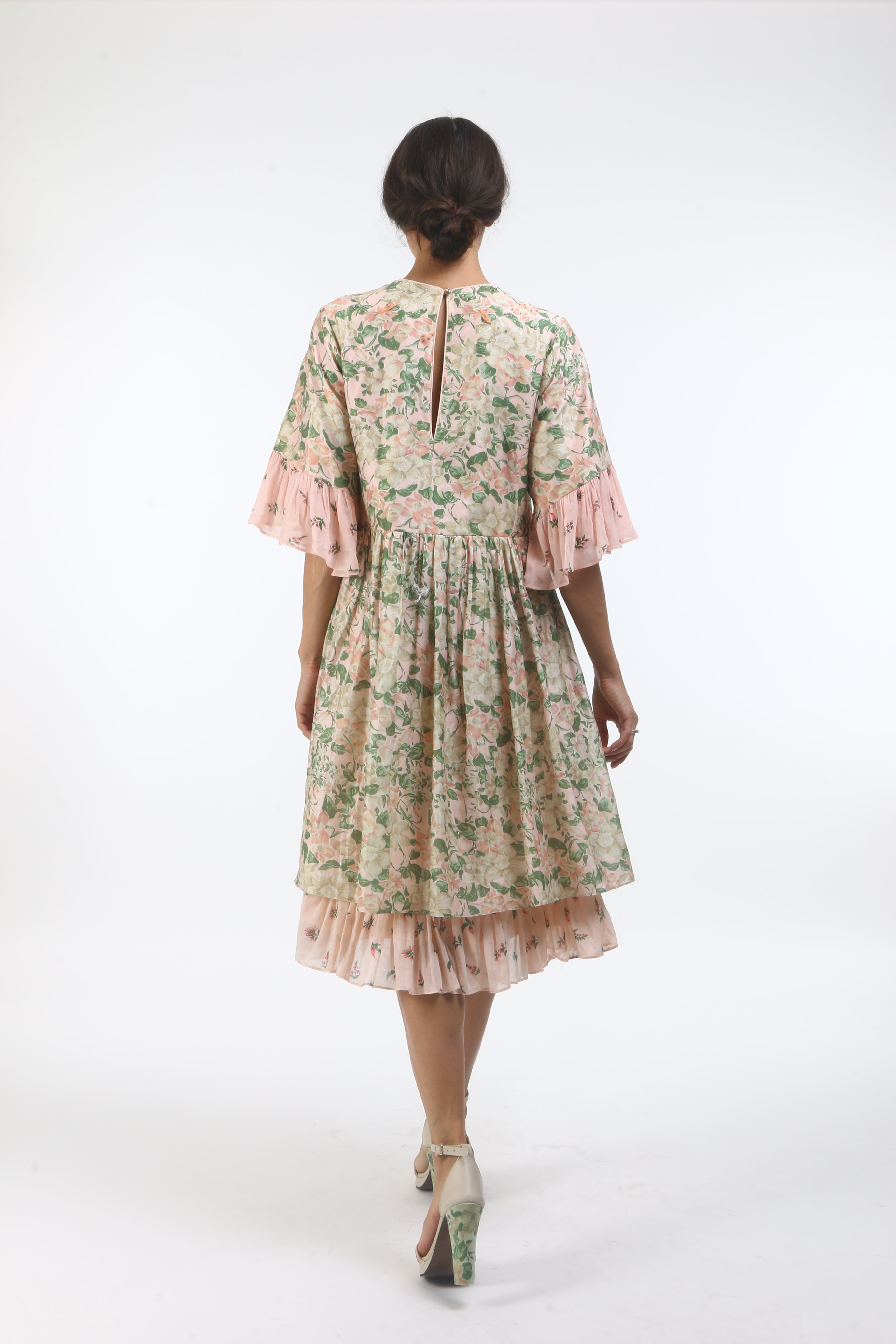 Bloom salmon pink bibi jaal and bouquet printed bell sleeve dress in chanderi.