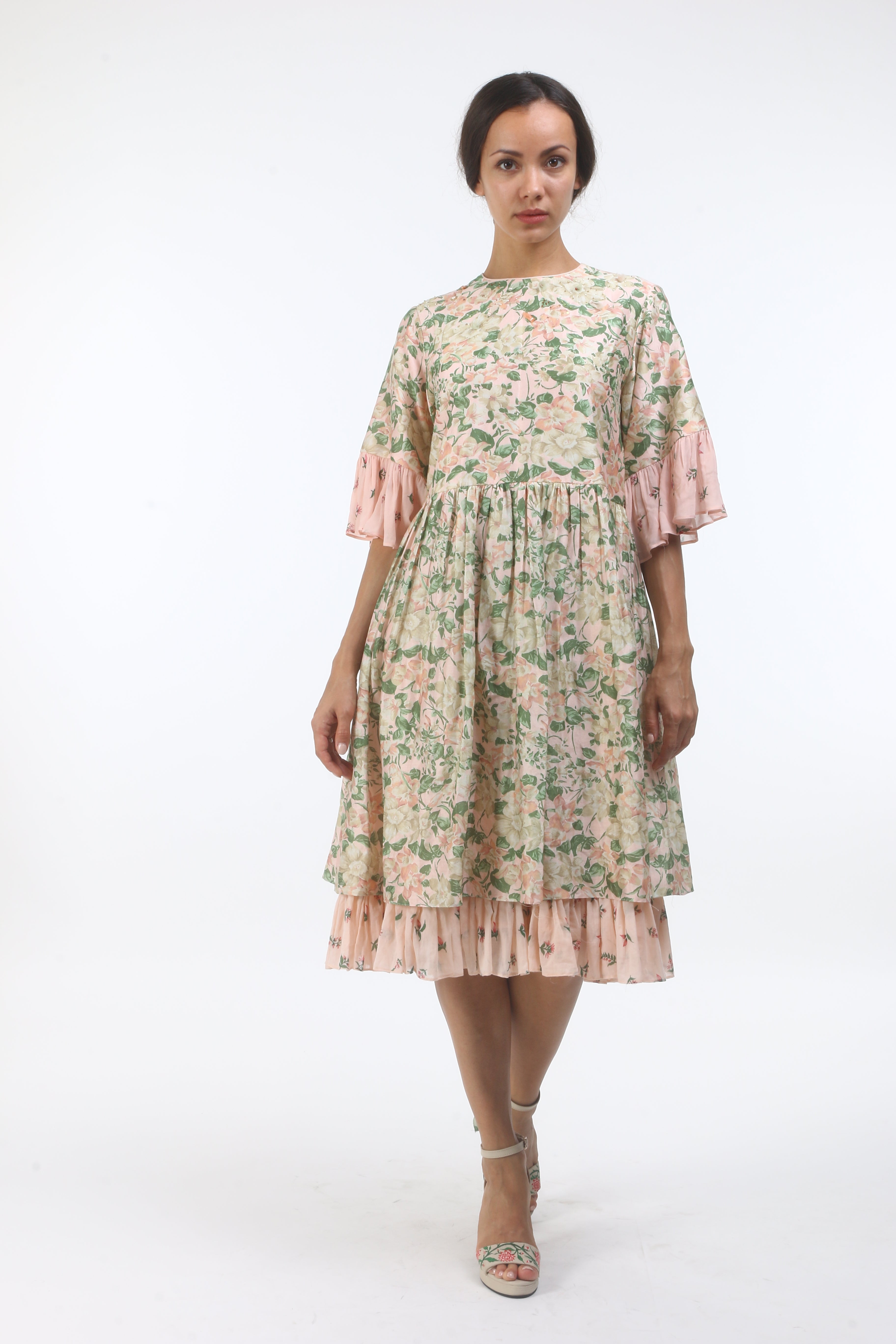 Bloom salmon pink bibi jaal and bouquet printed bell sleeve dress in chanderi.