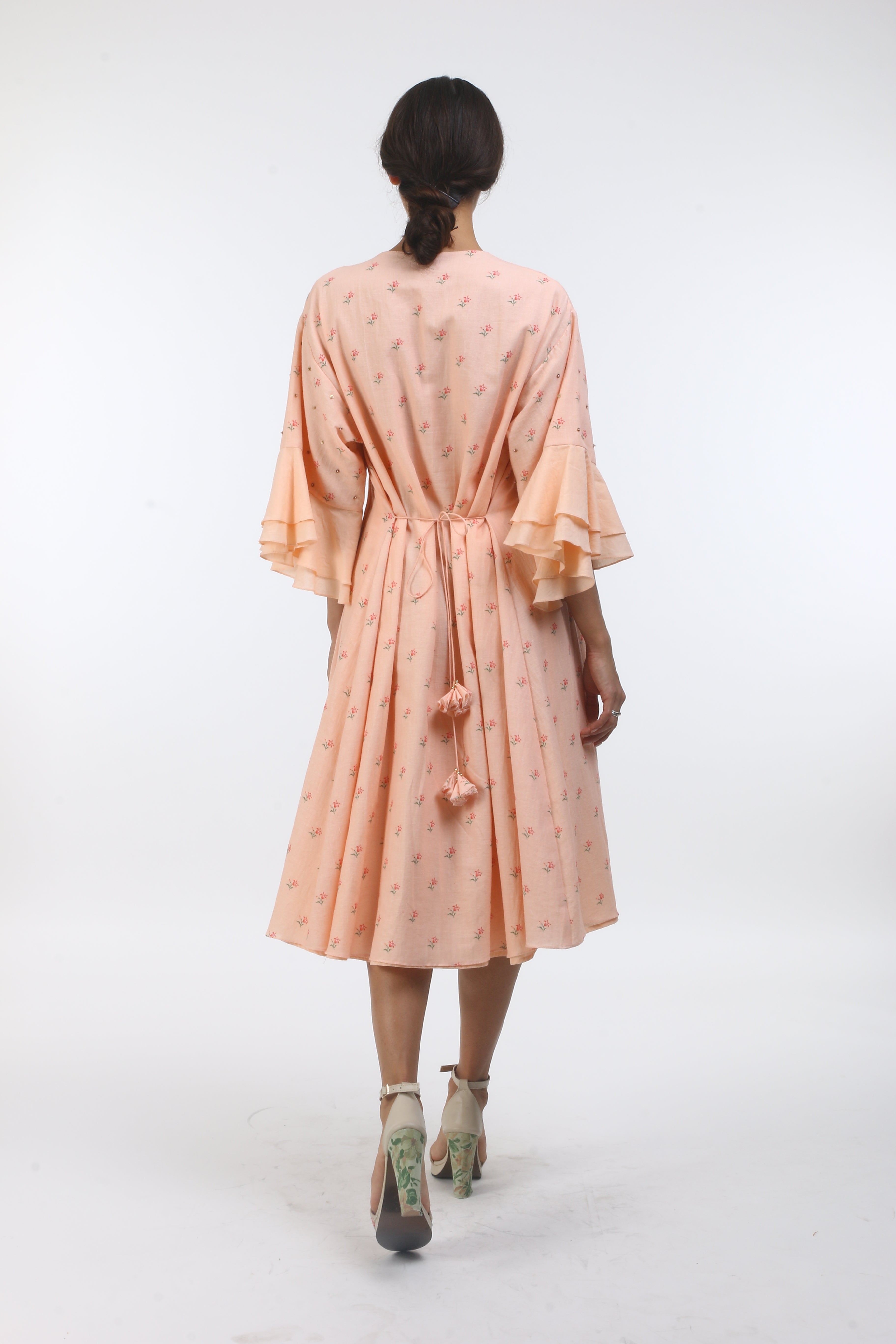 Bloom salmon pink taj printed inverted pleat dress in khadi.