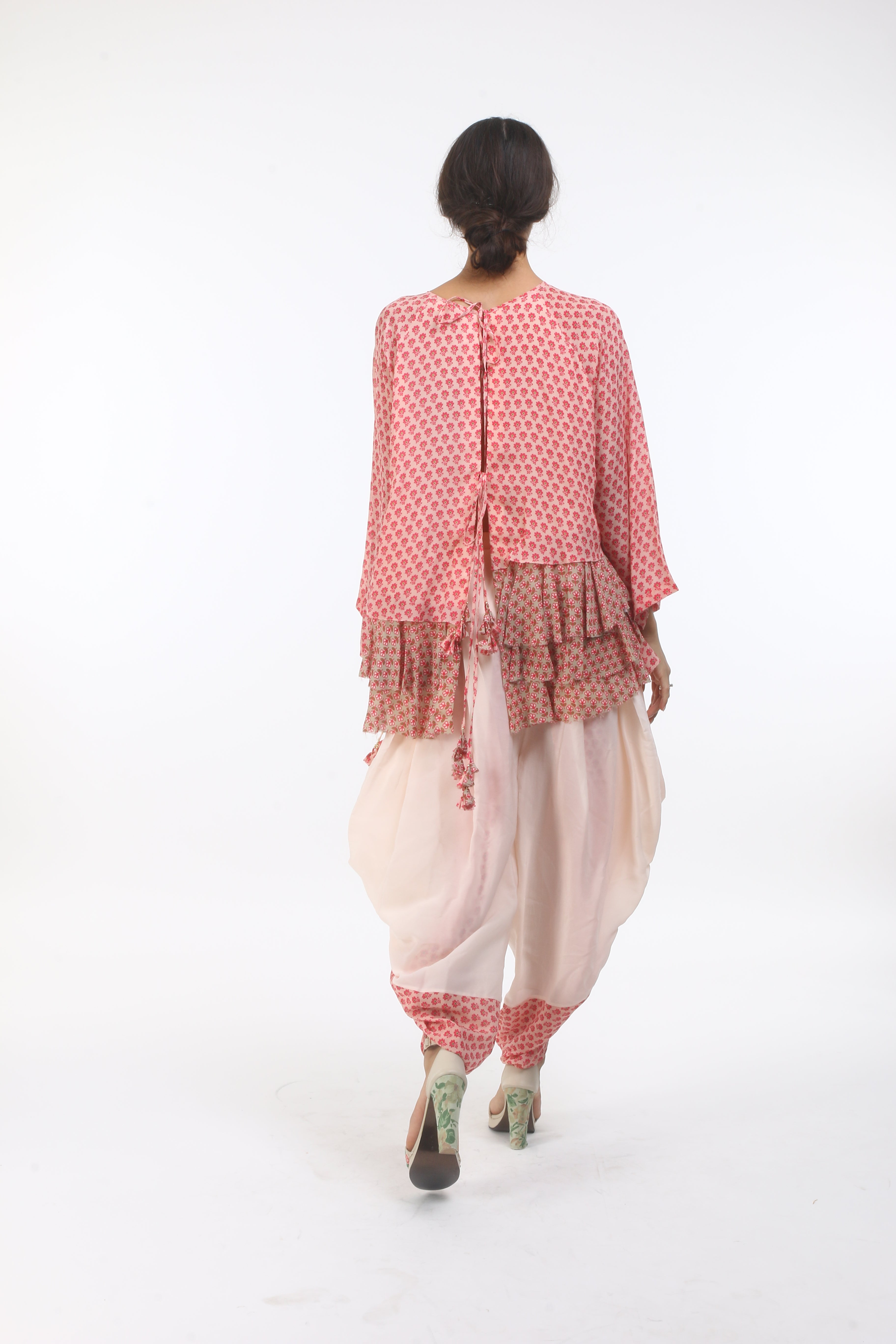 Bloom salmon pink poppy printed back open top with frill details,  & layered coin embroidered neckline, paired with a printed front panel dhoti.