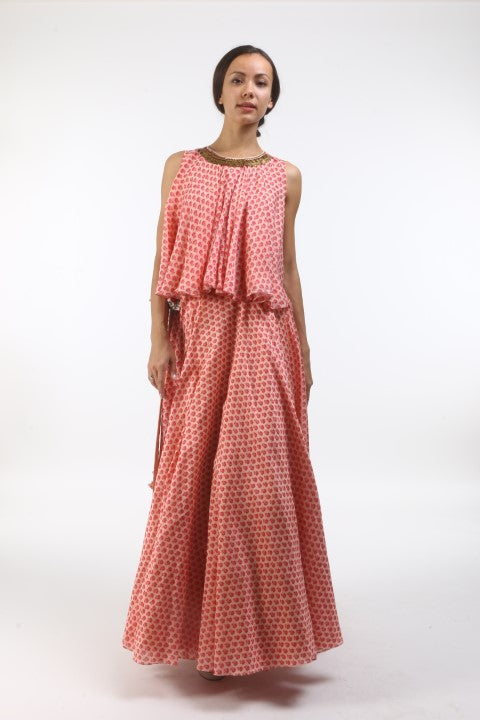 Bloom salmon pink poppy printed chanderi wrap skirt with flared back open top in layered coin embroidered neckline.