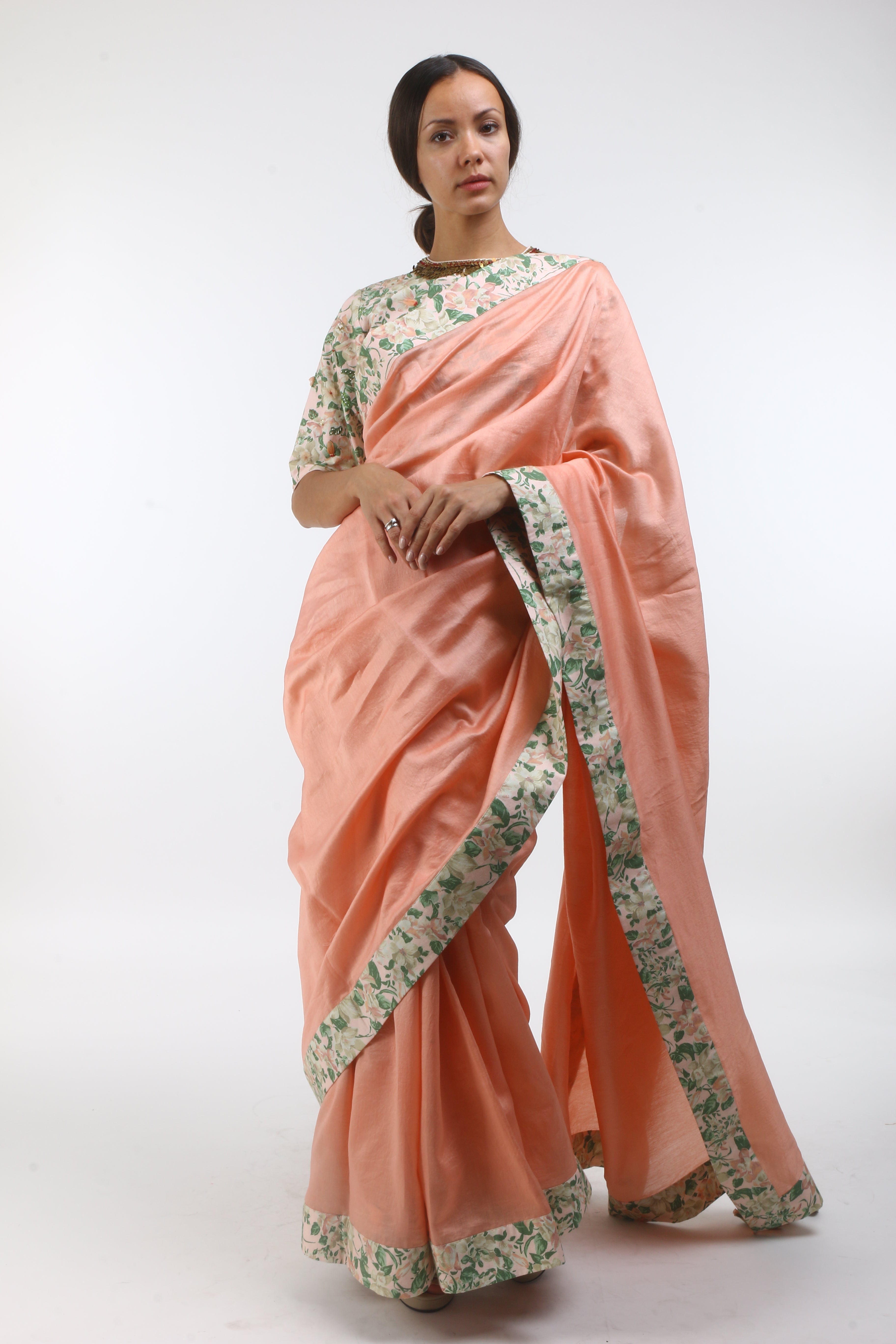 Bloom salmon pink chanderi saree in bibi jaal printed border with printed & organza embroidered  cotton blouse.