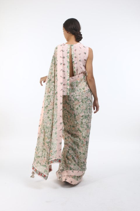 Bloom salmon pink bibi jaal & bouquet printed and embroidered saree in crepe, with bouquet printed back open blouse.