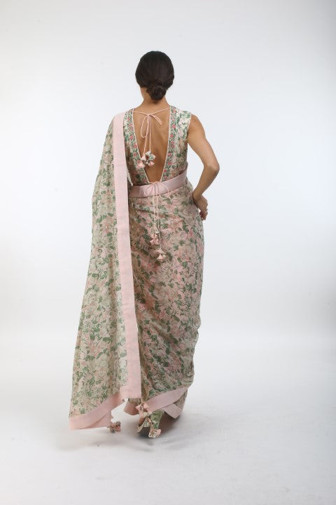 Bloom salmon pink bibi jaal & bouquet printed and embroidered saree in crepe, with bouquet printed back open blouse.