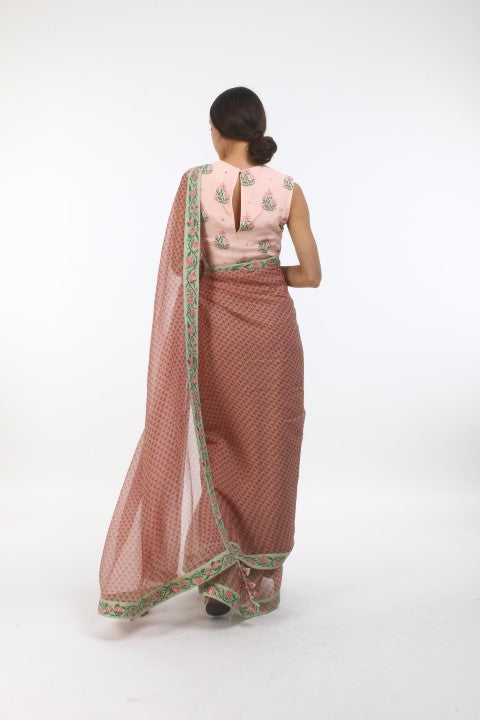 Bloom antique jade new sanga & mumtaz bel printed chiffon saree  with hibiscus printed and embellished crepe blouse.