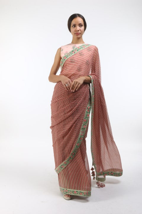 Bloom antique jade new sanga & mumtaz bel printed chiffon saree  with hibiscus printed and embellished crepe blouse.