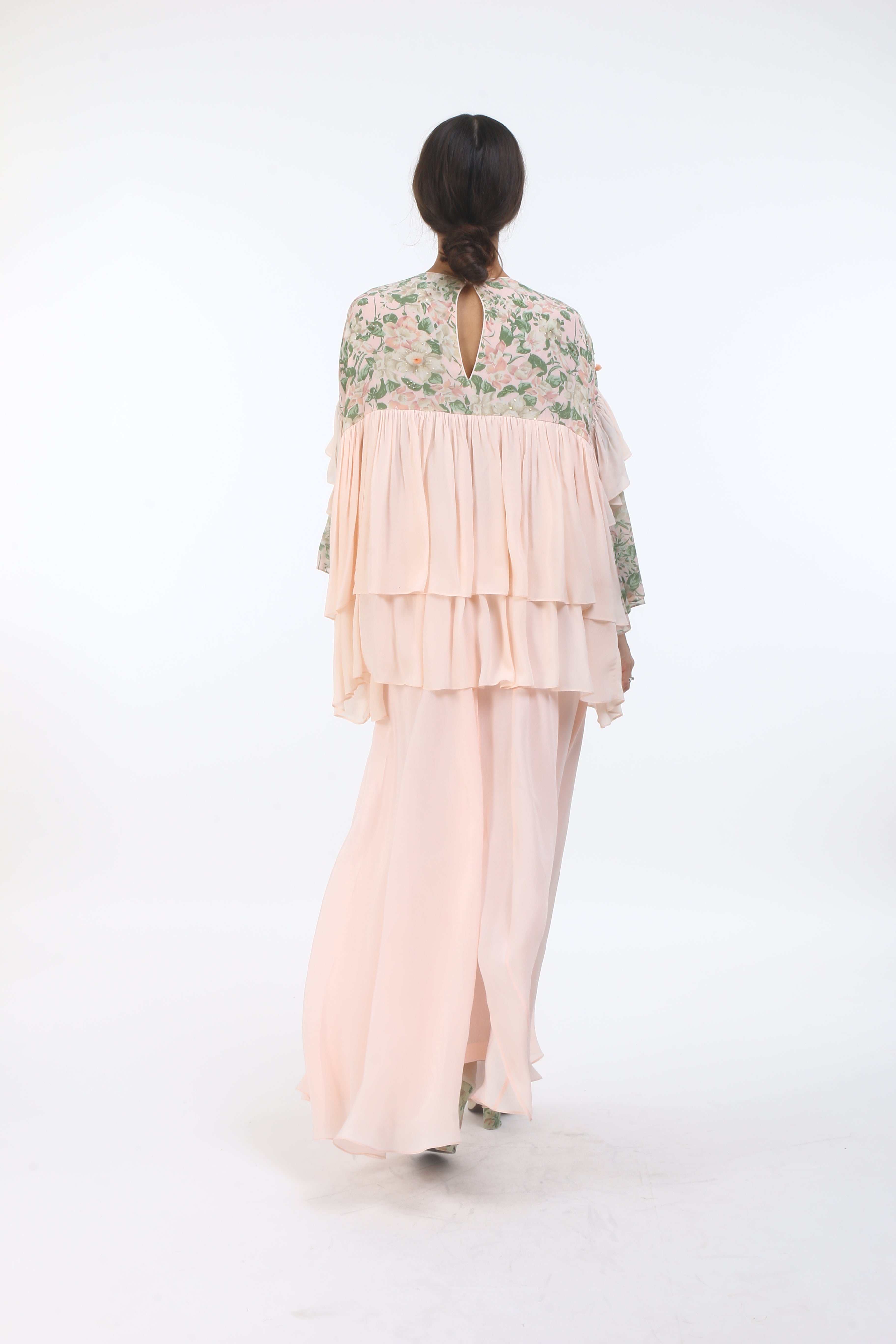 Bloom salmon pink layered top in crepe, with bibi jaal printed yoke.