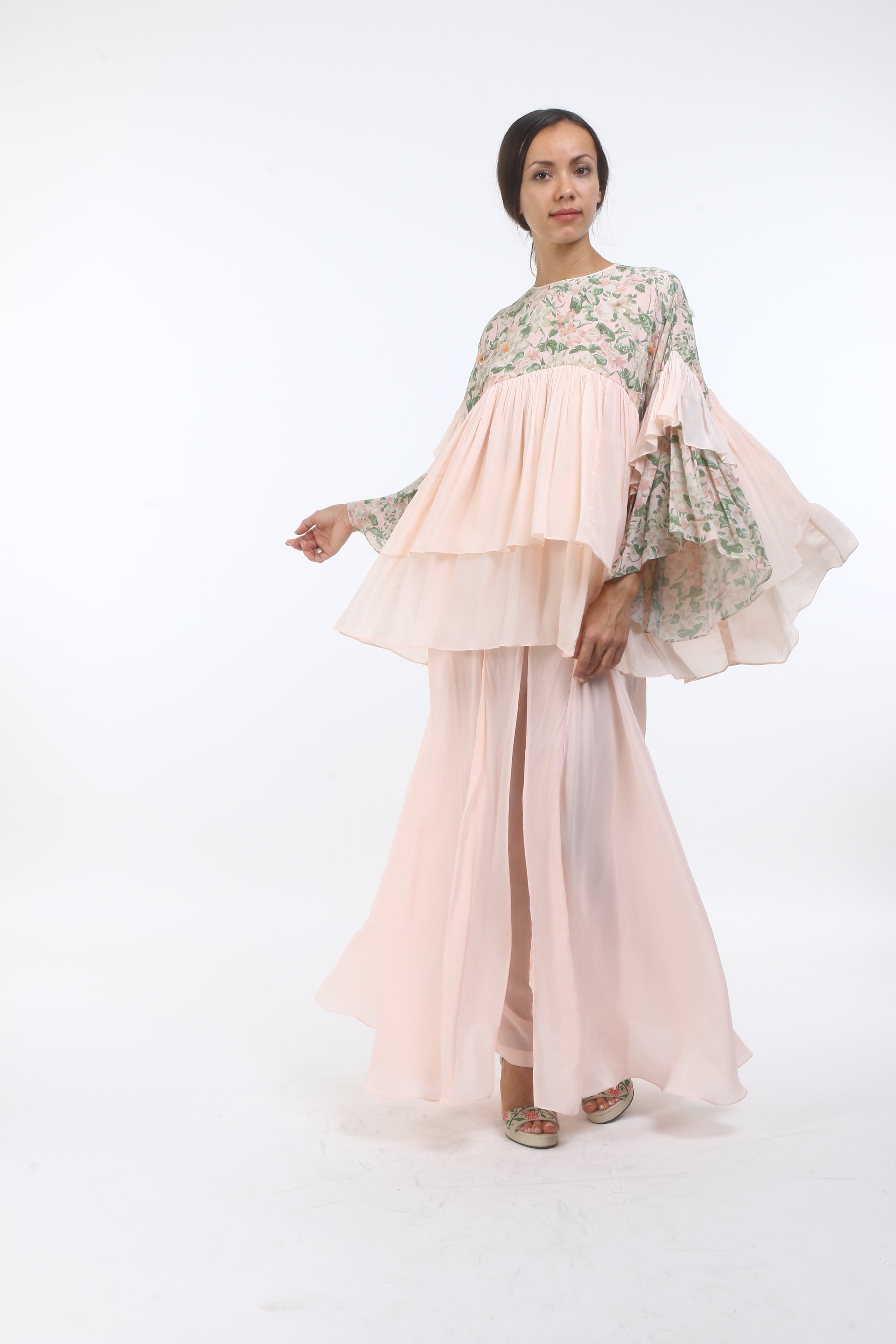 Bloom salmon pink layered top in crepe, with bibi jaal printed yoke.