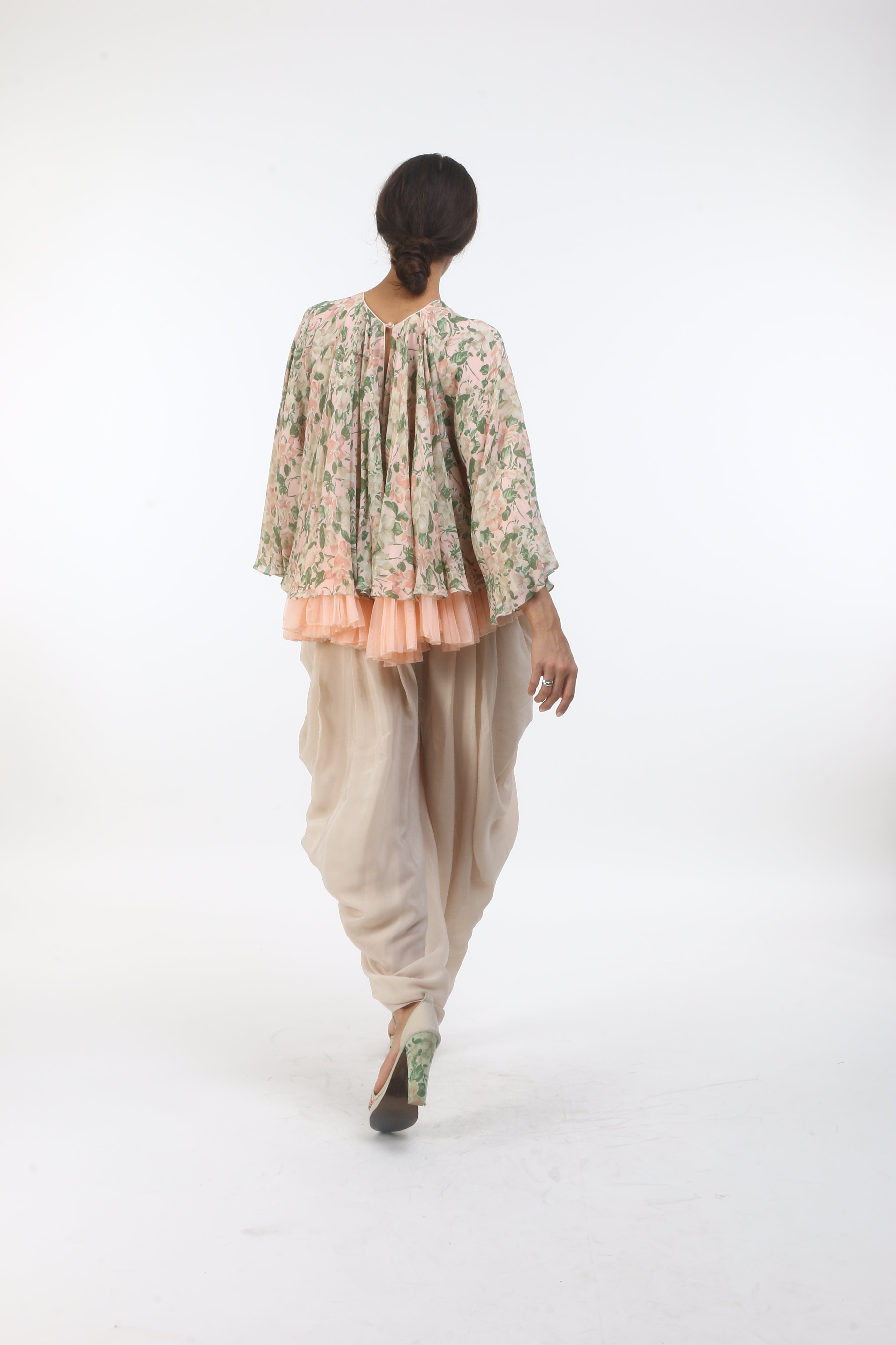 Bloom salmon pink bibi jaal printed flared top with tulle under layer.