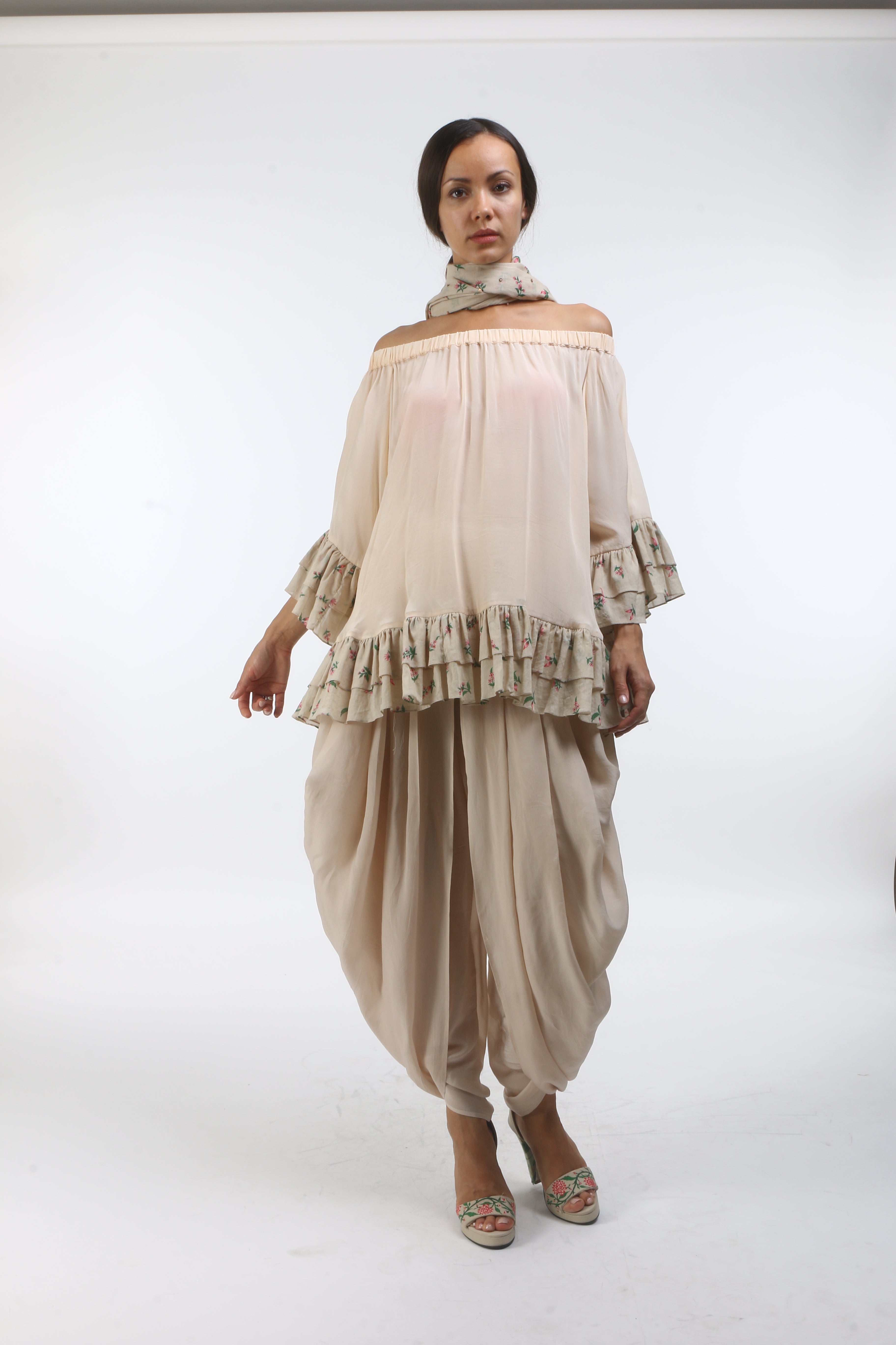 Bloom champagne grey cold shoulder cotton top with printed frills.