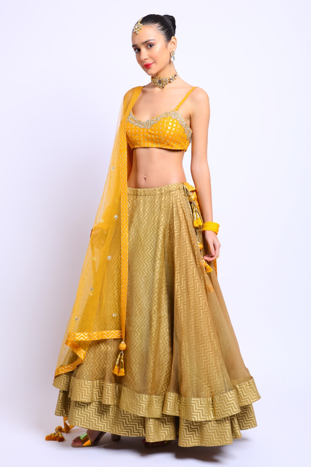 Ochre Cotton Silk Embroidered Blouse with Tobacco Organza Double layer lehenga & Emb Dupatta