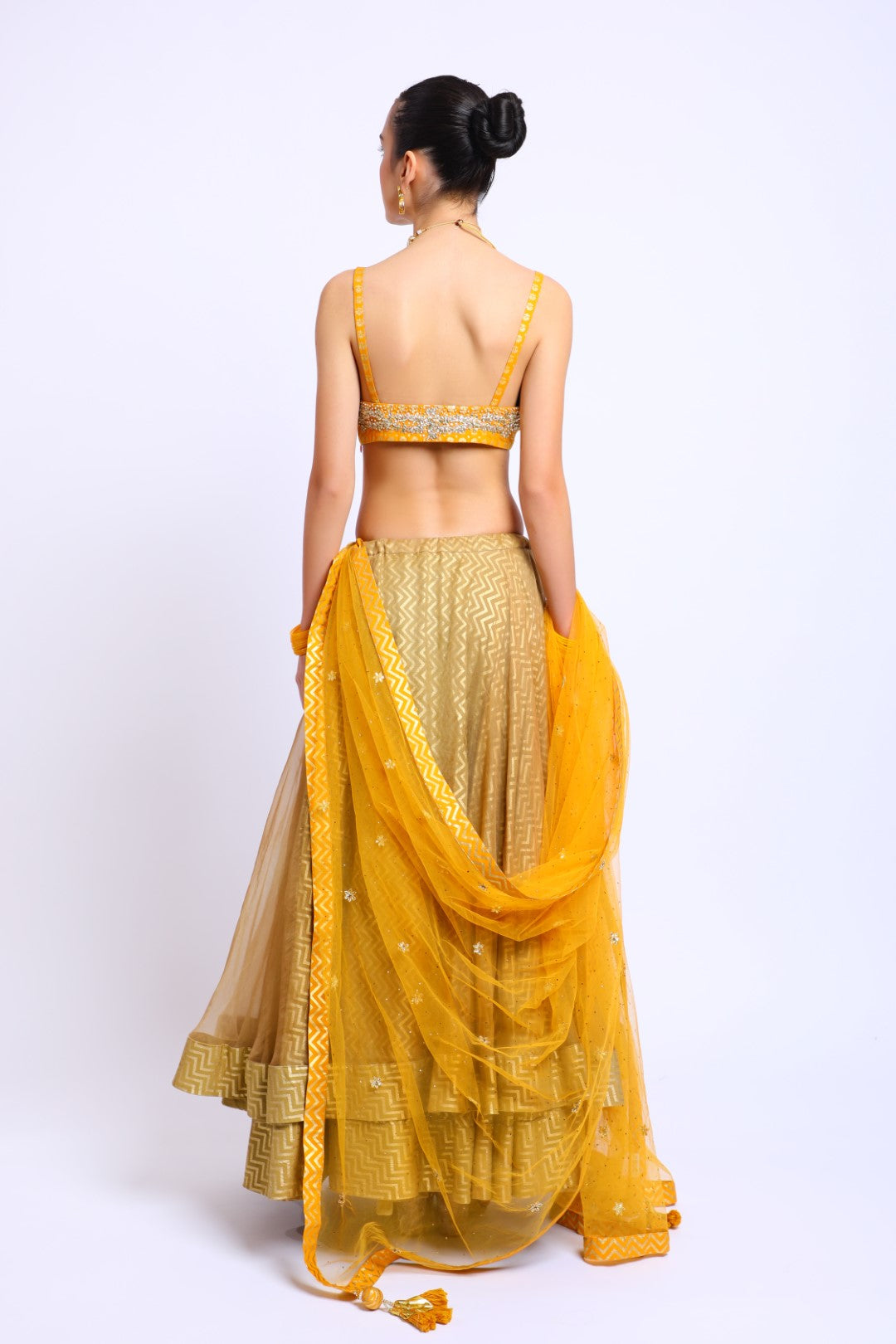 Ochre Cotton Silk Embroidered Blouse with Tobacco Organza Double layer lehenga & Emb Dupatta
