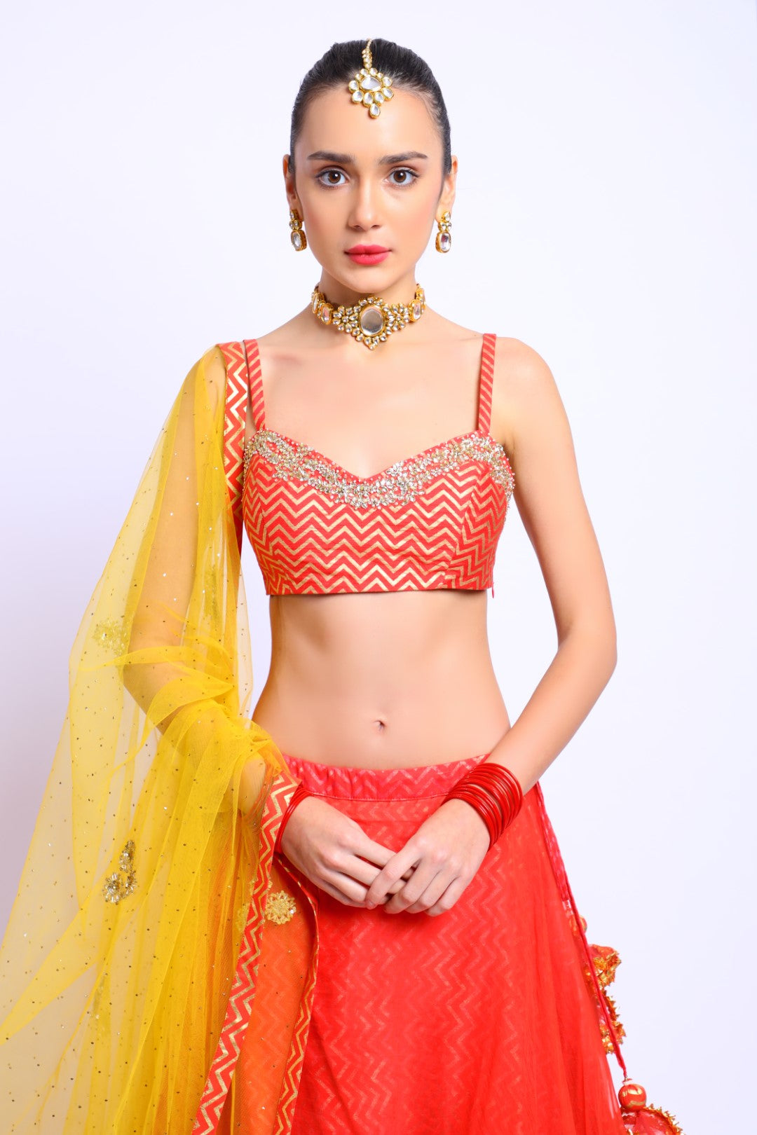 Coral Red Cotton Silk Embroidered Blouse with Organza Double layer lehenga & Emb Dupatta