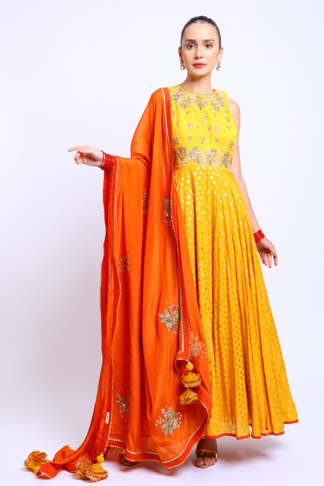 Yellow Silk and Haldi Cotton Silk Hand Embroidered Lehenga Set