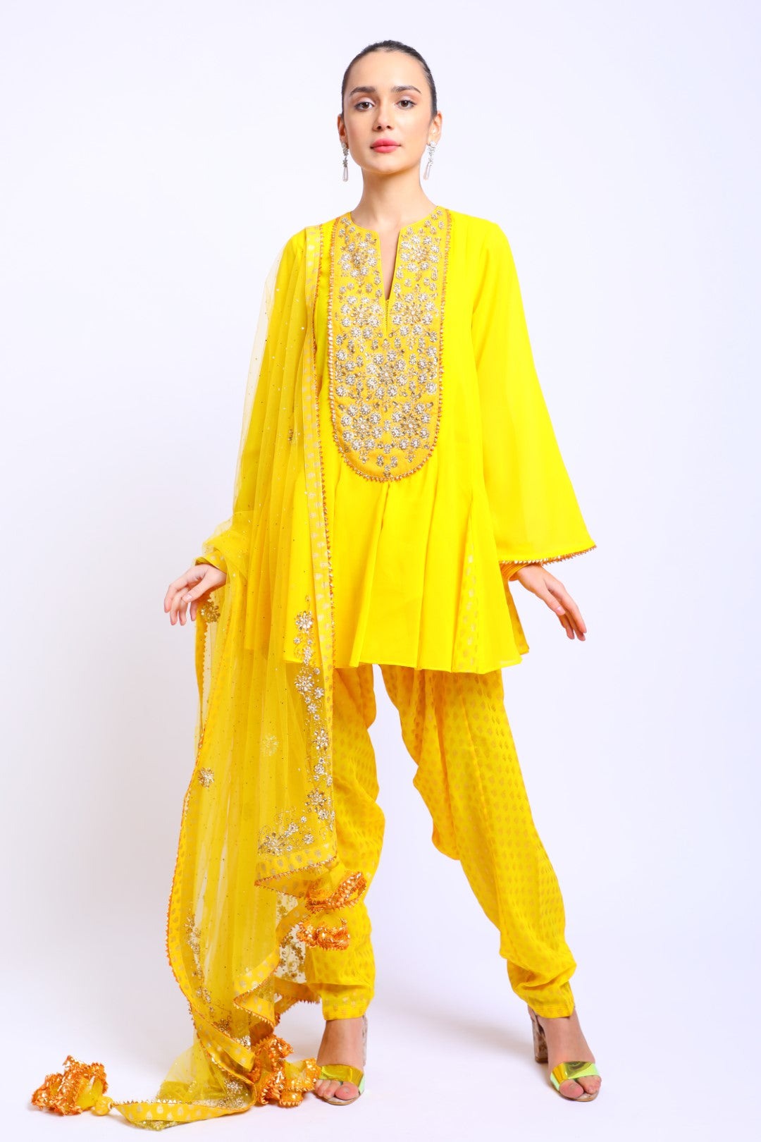 YellowSilk Hand Embroidered Godet Kalis Ggt Kurta with pataila and Emb Dupatta