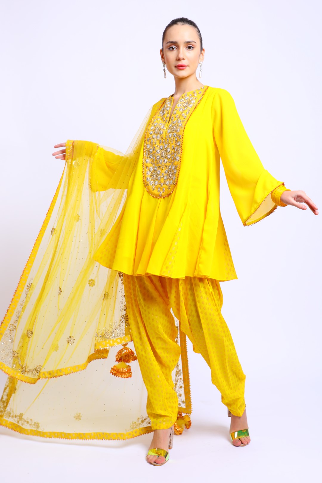 YellowSilk Hand Embroidered Godet Kalis Ggt Kurta with pataila and Emb Dupatta