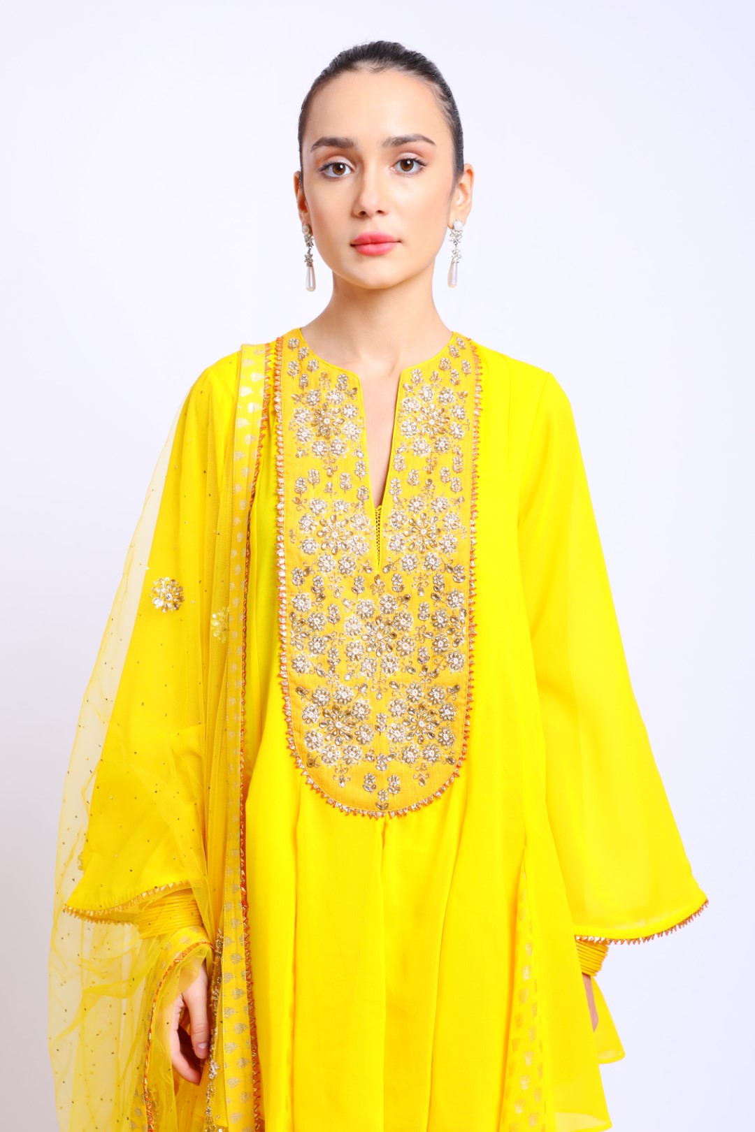 YellowSilk Hand Embroidered Godet Kalis Ggt Kurta with pataila and Emb Dupatta