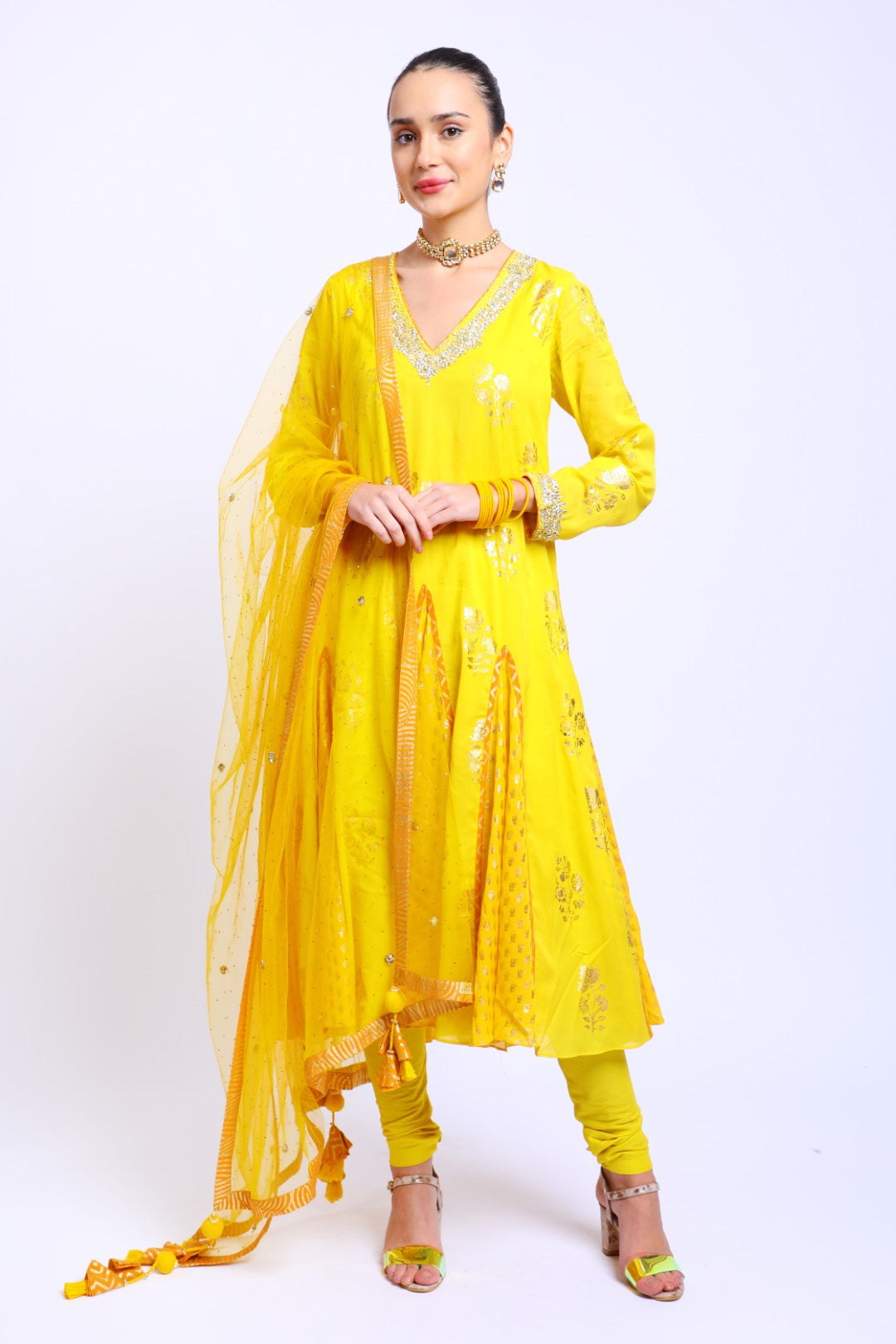 Yellow Crepe Embroidered Godet Kalis Kurta with Churidar and Embroidered Dupatta