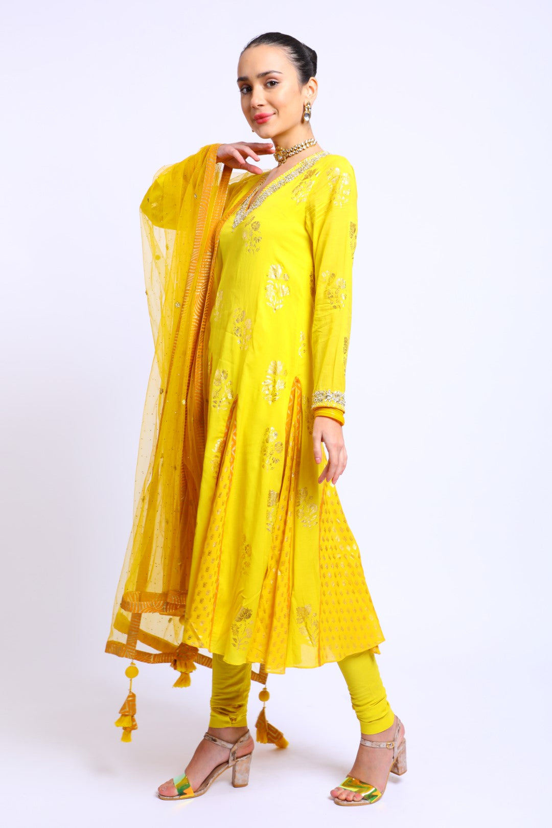 Yellow Crepe Embroidered Godet Kalis Kurta with Churidar and Embroidered Dupatta