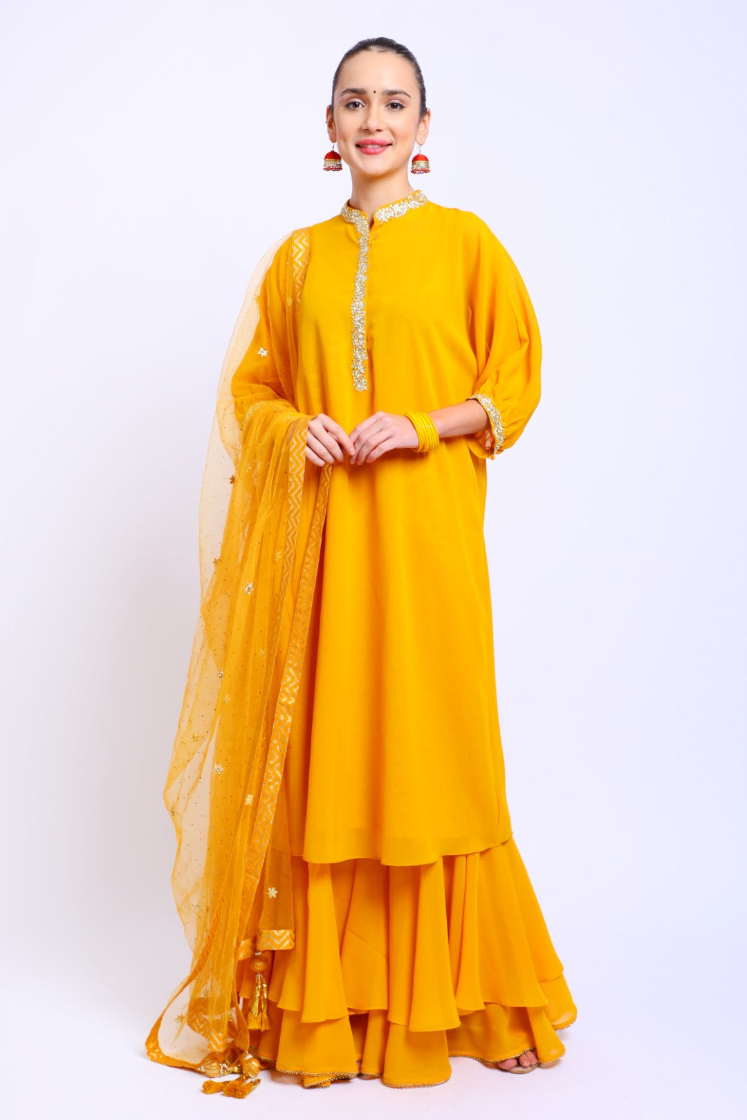 Ochre Georgette Collar Embroidered Kurta, Sharara & Dupatta Set