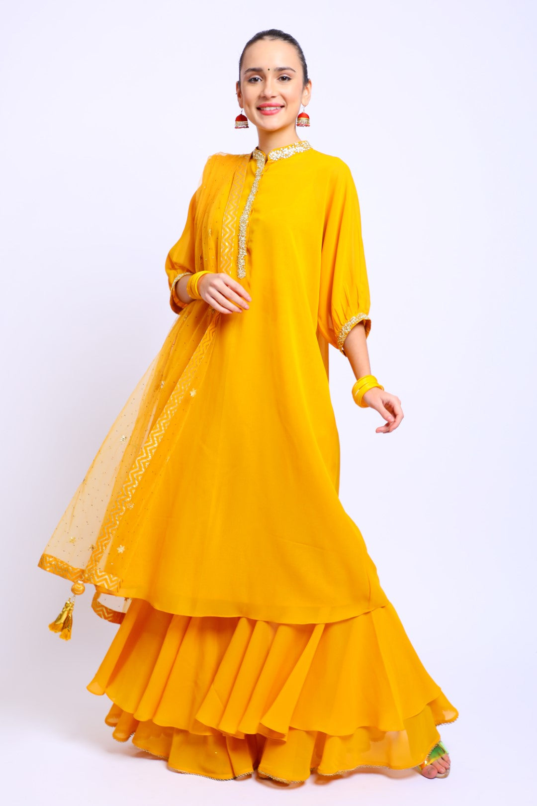 Ochre Georgette Collar Embroidered Kurta, Sharara & Dupatta Set
