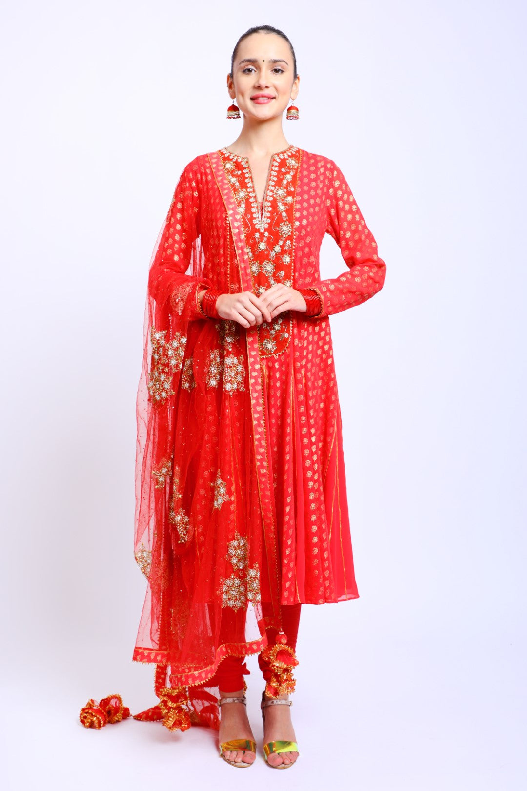 Coral Red Georgette Godet Kalis Kurta in Silk Embroidered Yoke paired with Emb Dupatta & Churidar