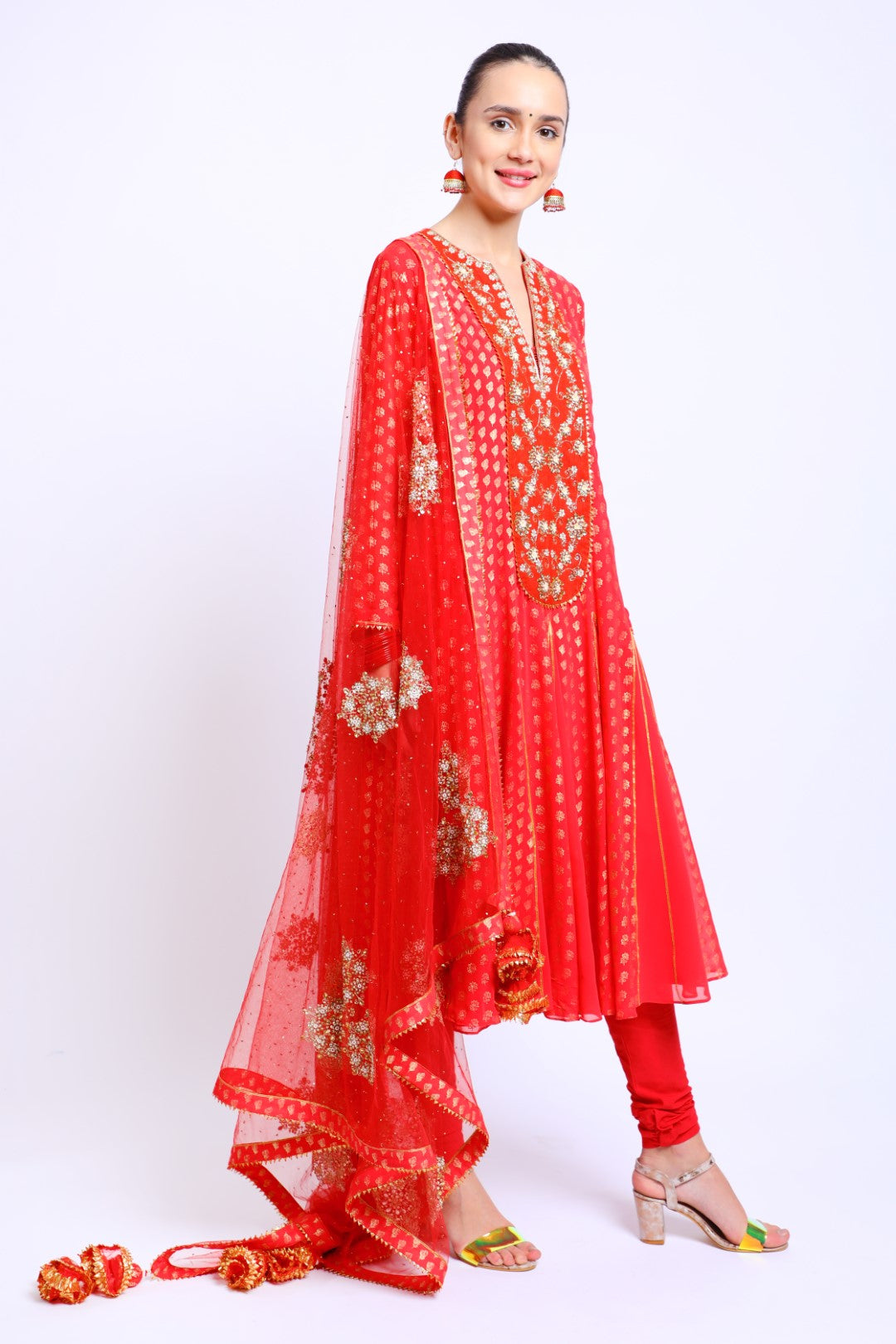 Coral Red Georgette Godet Kalis Kurta in Silk Embroidered Yoke paired with Emb Dupatta & Churidar