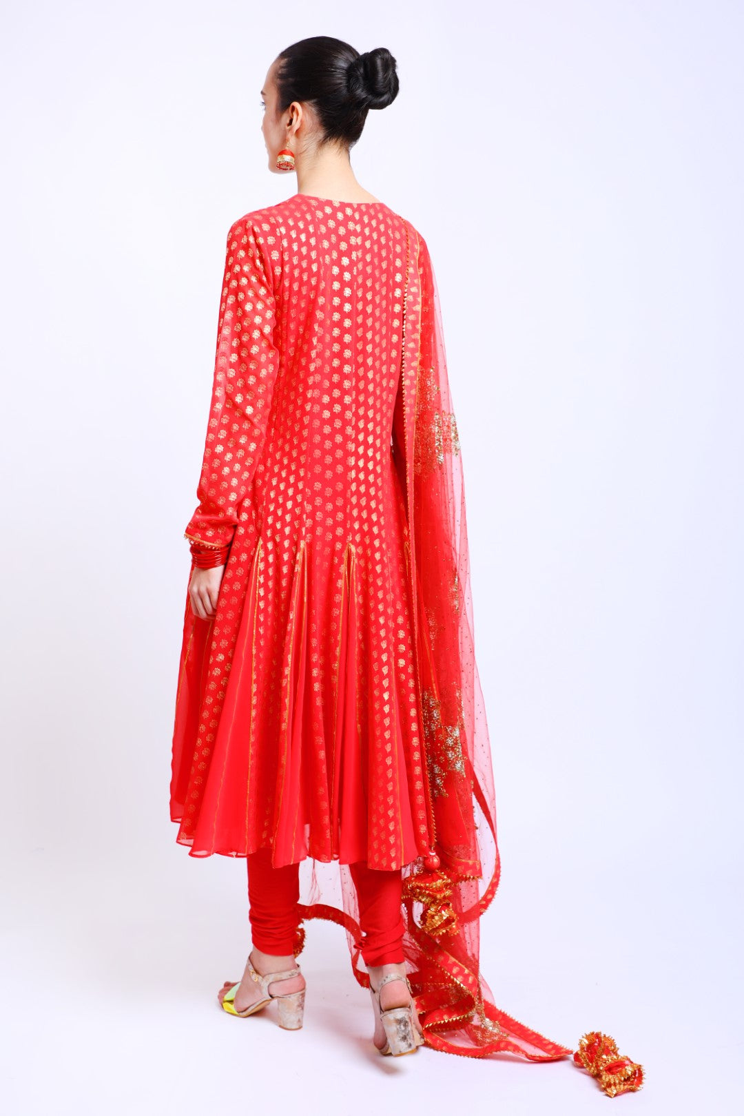 Coral Red Georgette Godet Kalis Kurta in Silk Embroidered Yoke paired with Emb Dupatta & Churidar