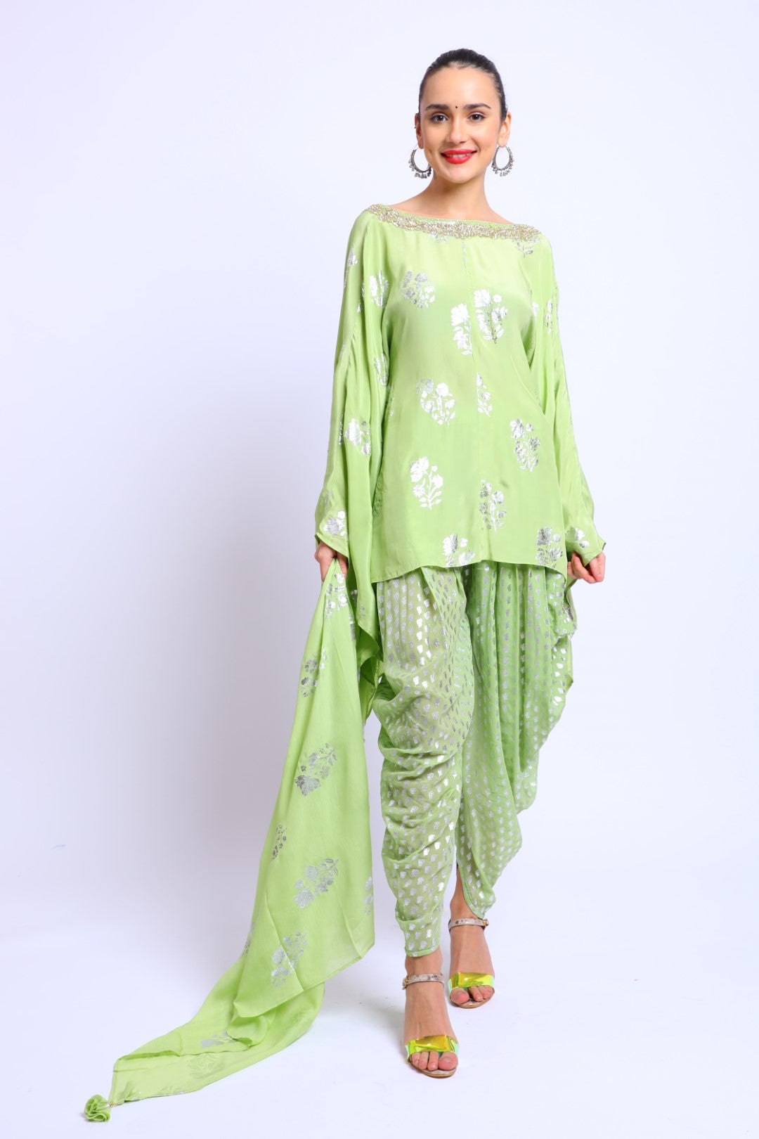 Sea Green Crepe Emb Kaftan Top with Dhoti and Scarf